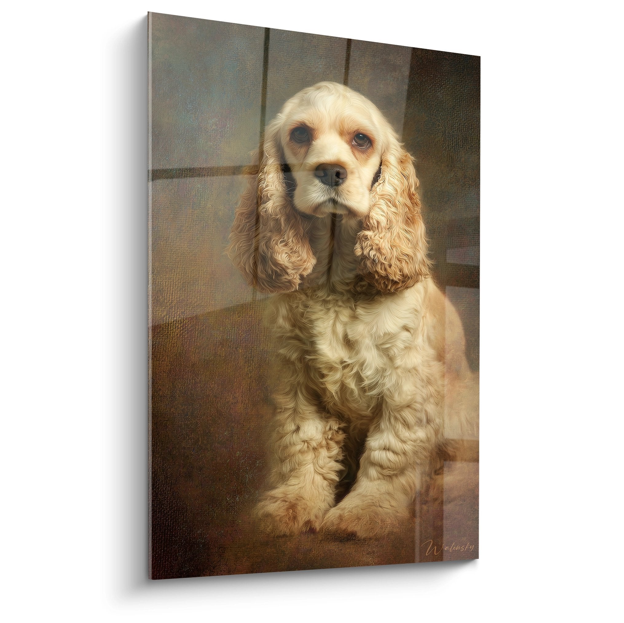 Portrait artistique de Cocker Americain aux tons dores et cuivres sur fond sepia, regard expressif et tendre