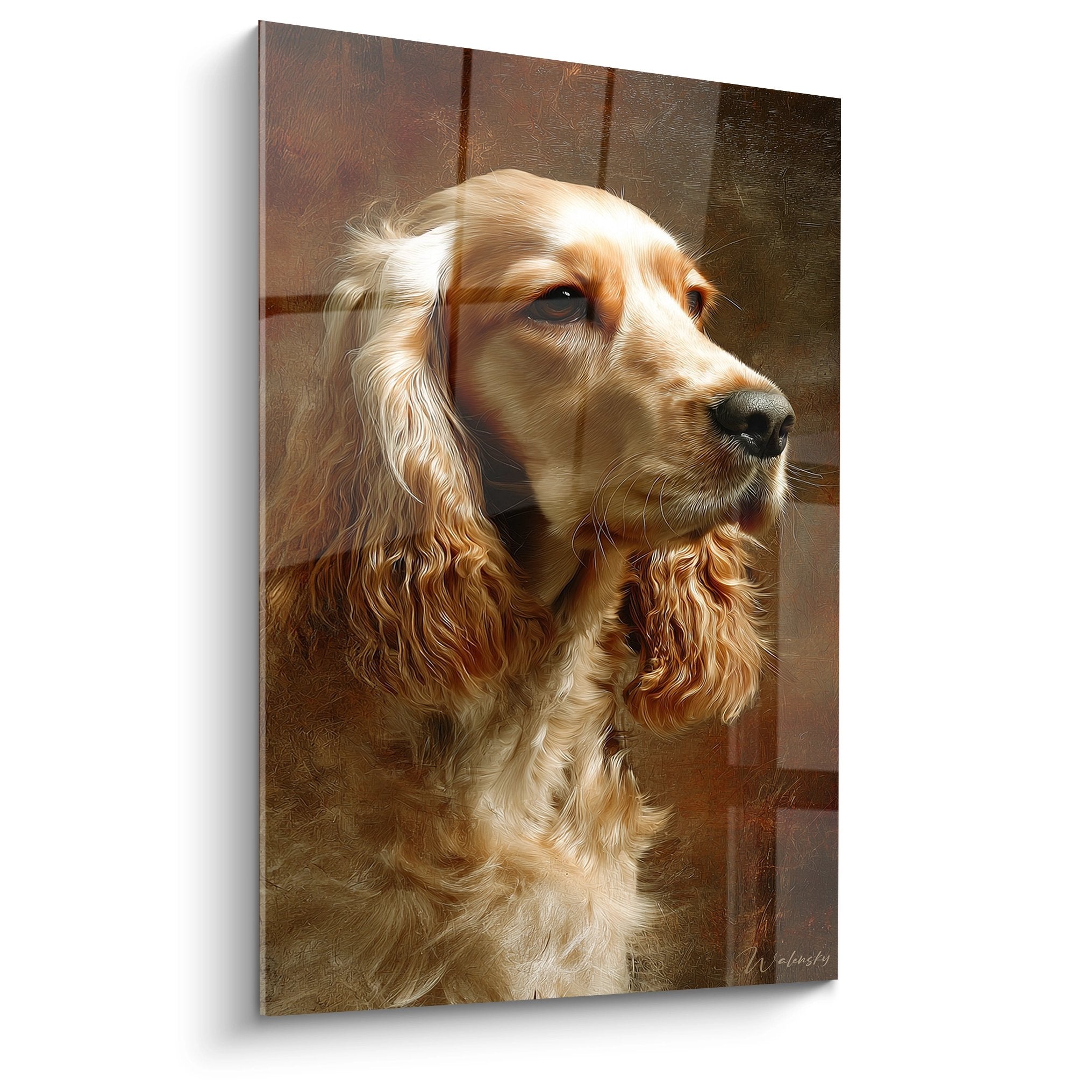 Portrait artistique Cocker Americain pelage dore aux oreilles longues regard noble sur fond ambre