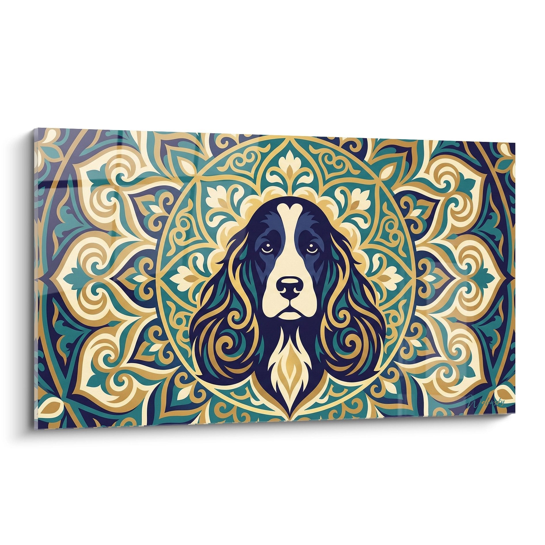 Portrait artistique Cocker Anglais noir et blanc intégré dans motifs ornementaux dorés et turquoise décoratifs