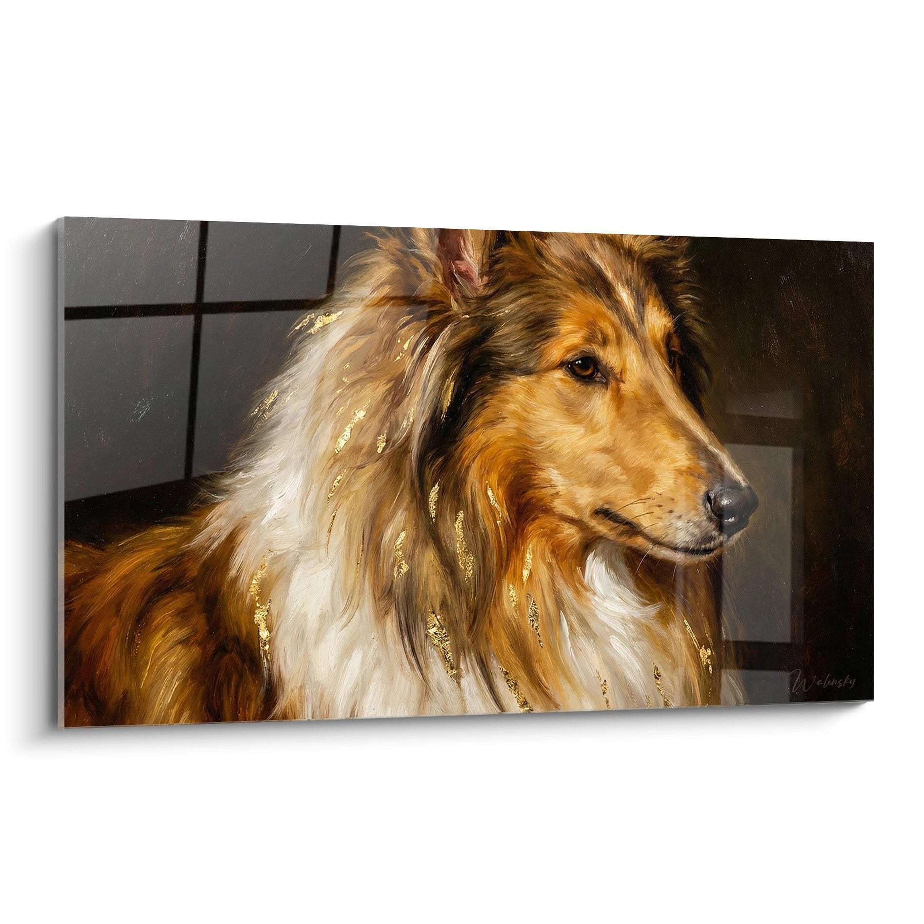 Portrait majestueux de Collie aux reflets dorés sur fond brun, regard noble et serein, art mural canin élégant