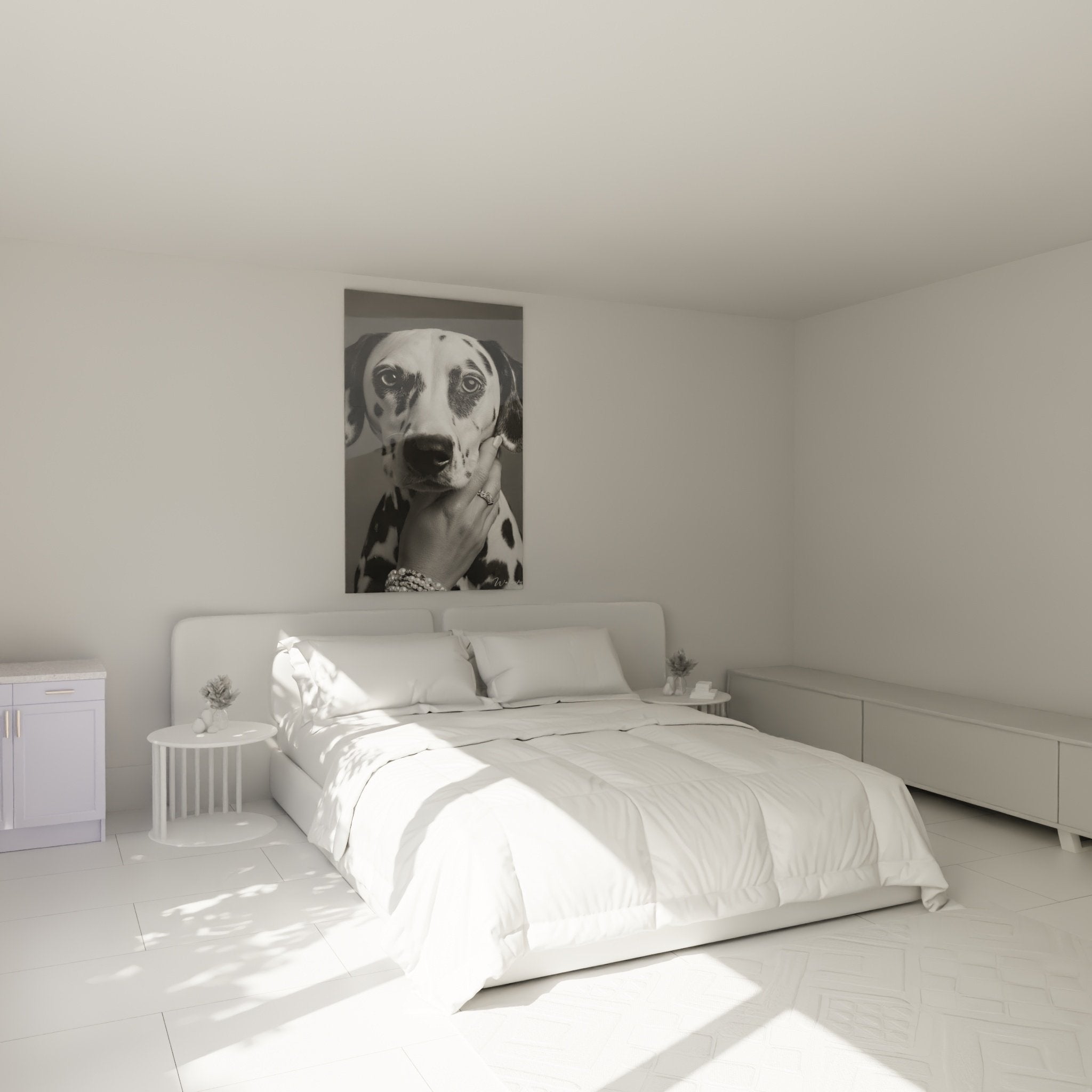 Dalmatiner Porträt Gemälde schwarz weiß im zeitgenössischen Schlafzimmer mit raffinierter Dekoration