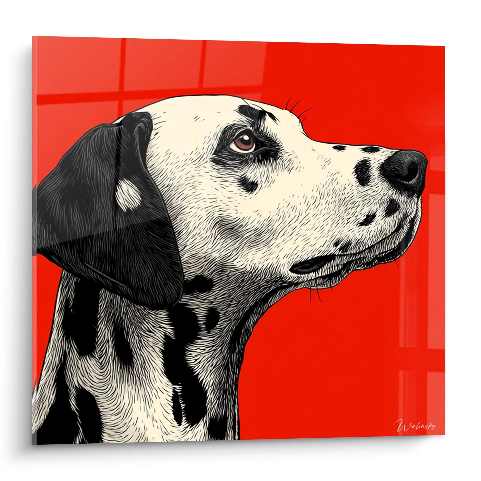 Modern portrait of a white Dalmatian with black spots on red background, gazing upward, contemporary graphic style