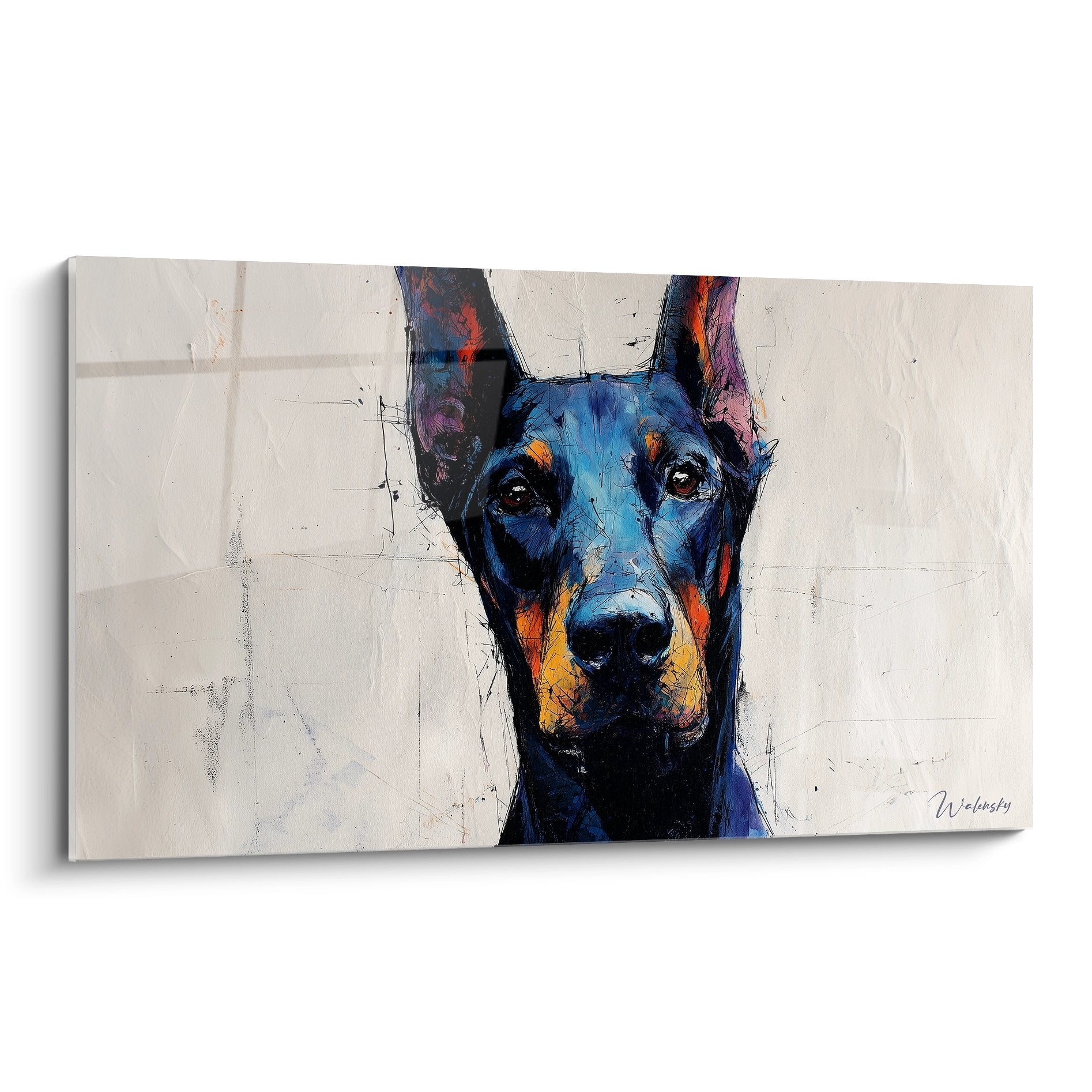 Portrait artistique Doberman tons bleus orange sur fond beige style contemporain expressif regard intense