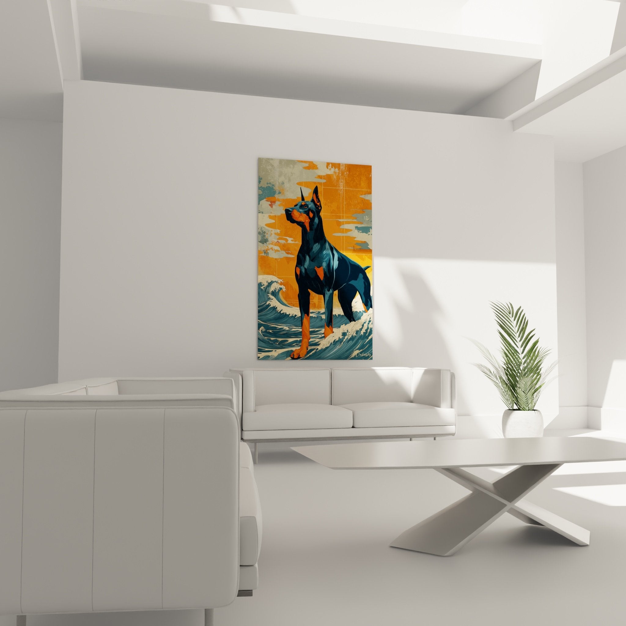 Portrait rapproche doberman noir reflets orange museau detail peinture realiste art animalier