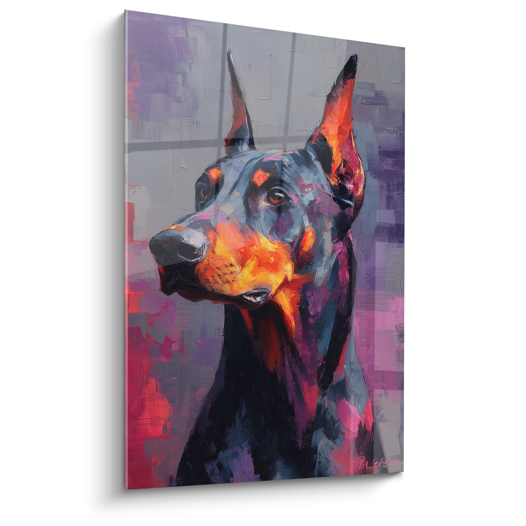 Portrait artistique de Doberman aux couleurs vives orangées et violettes, technique picturale moderne expressive