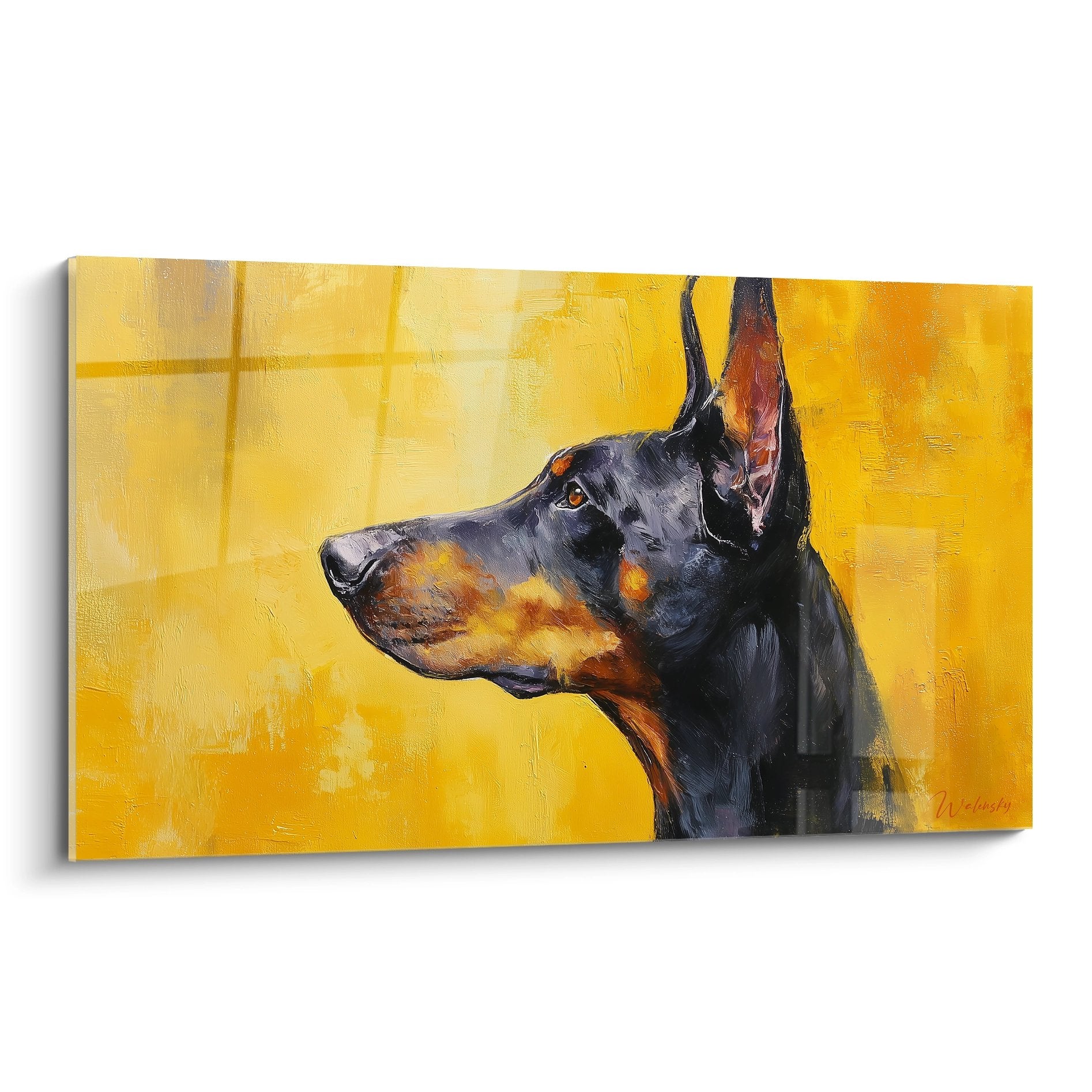 Portrait artistique doberman noir et feu profil fond jaune eclatant peinture moderne
