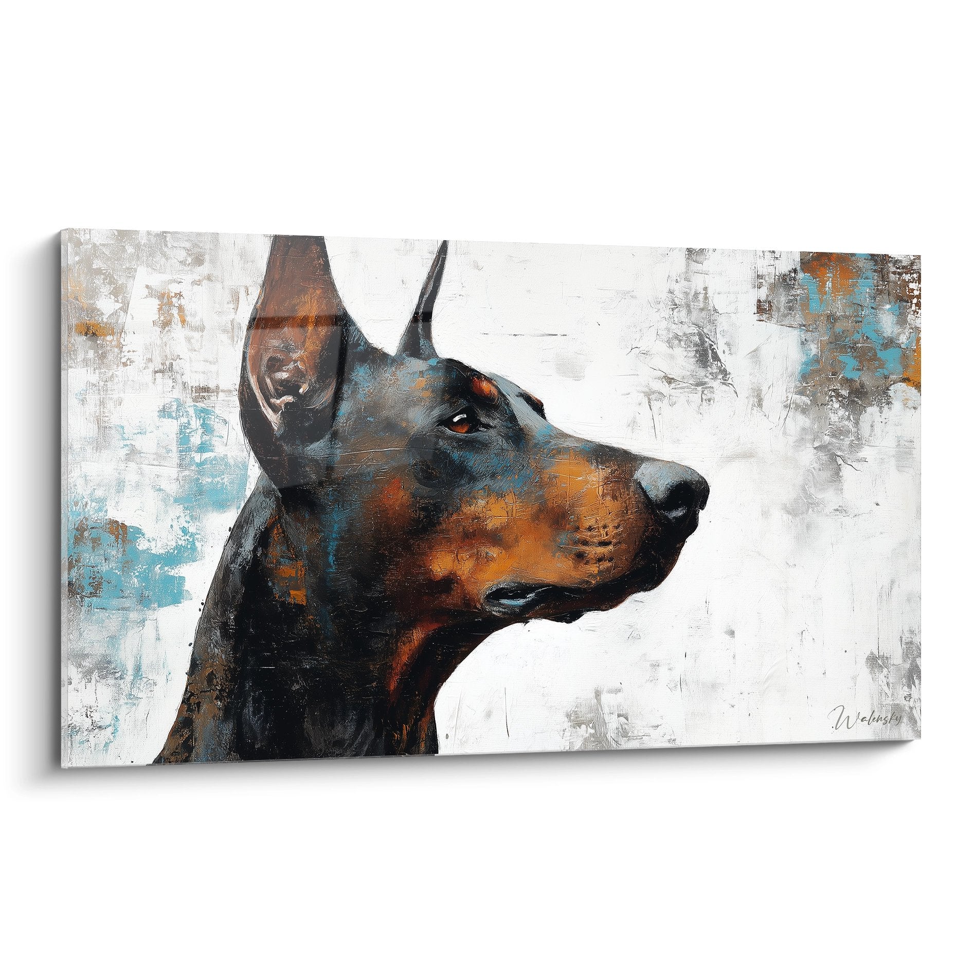 Portrait artistique doberman tons ocre bleus regard intense fond texture moderne peinture contemporaine