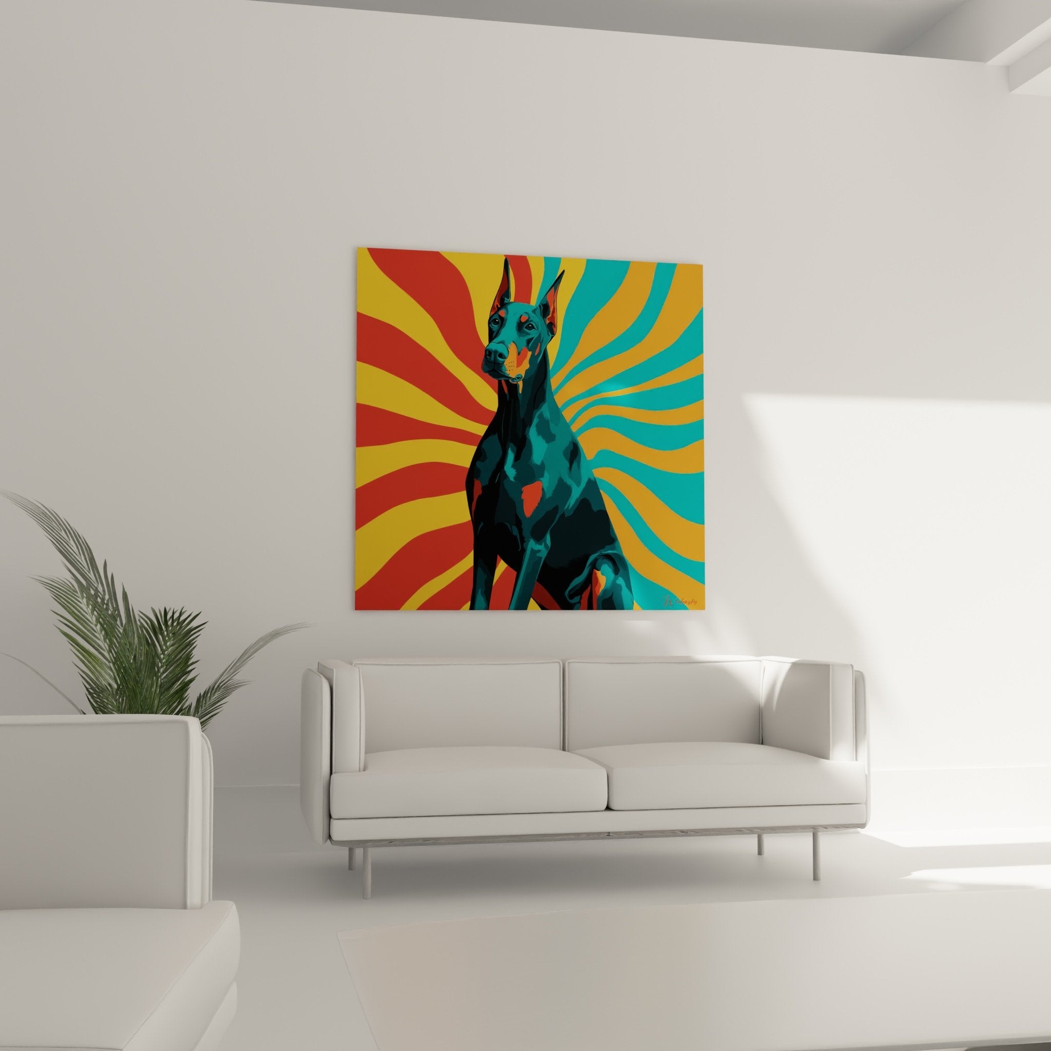 Porträt Dobermann in Türkistönen mit Details Pop-Art orange rote Spiralen großformatiger künstlerischer Nahaufnahme