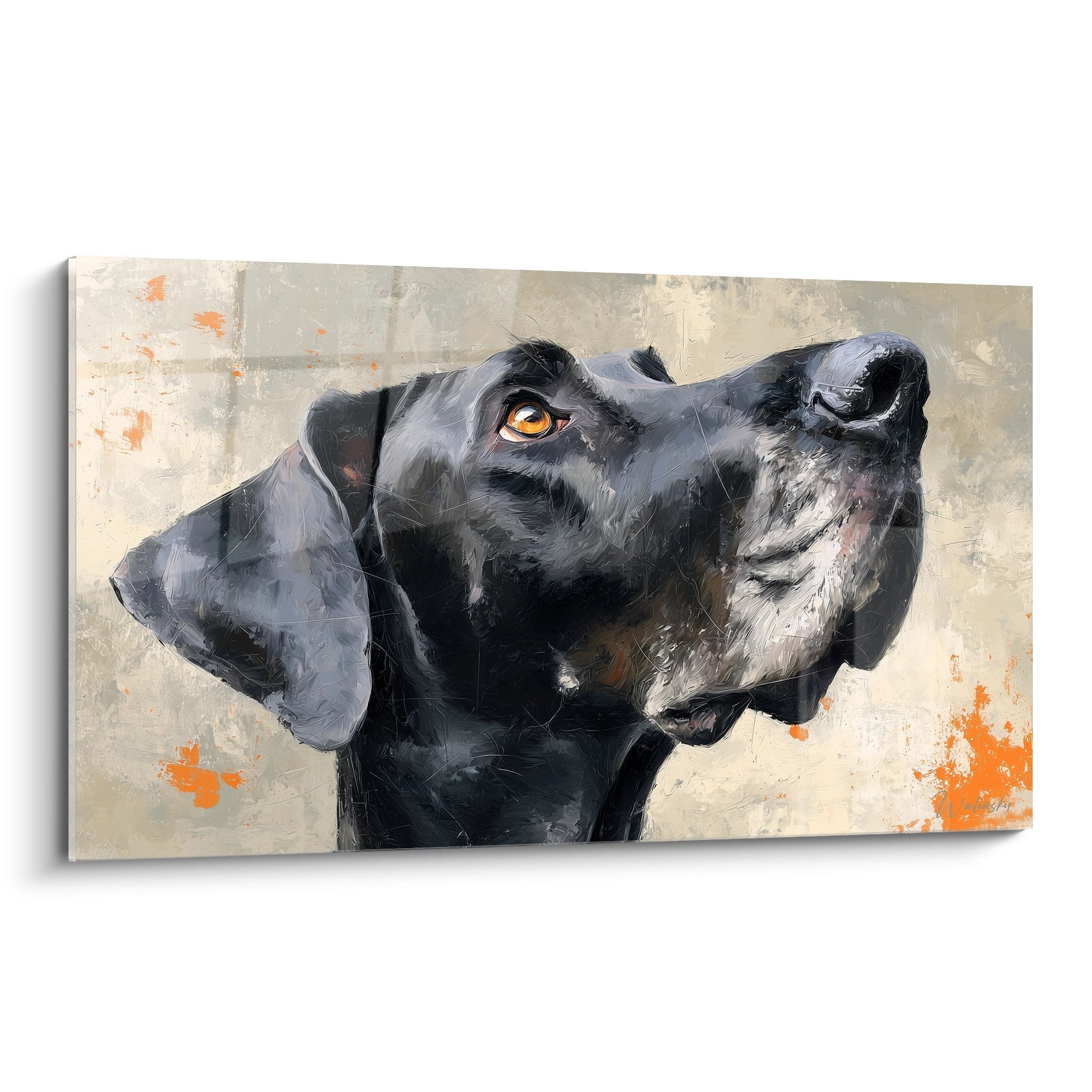 Portrait artistique dogue allemand gris regard ambre touches orange fond beige style contemporain