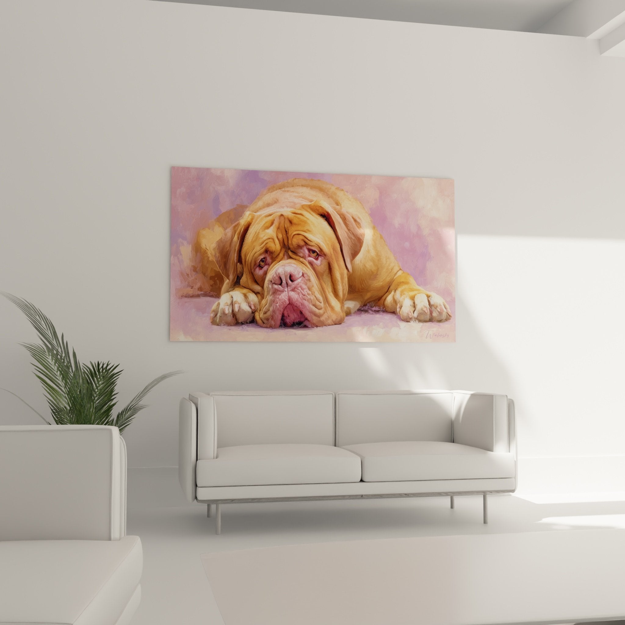 Détail portrait Dogue de Bordeaux, expression touchante, technique aquarelle, nuances roses et dorées délicates
