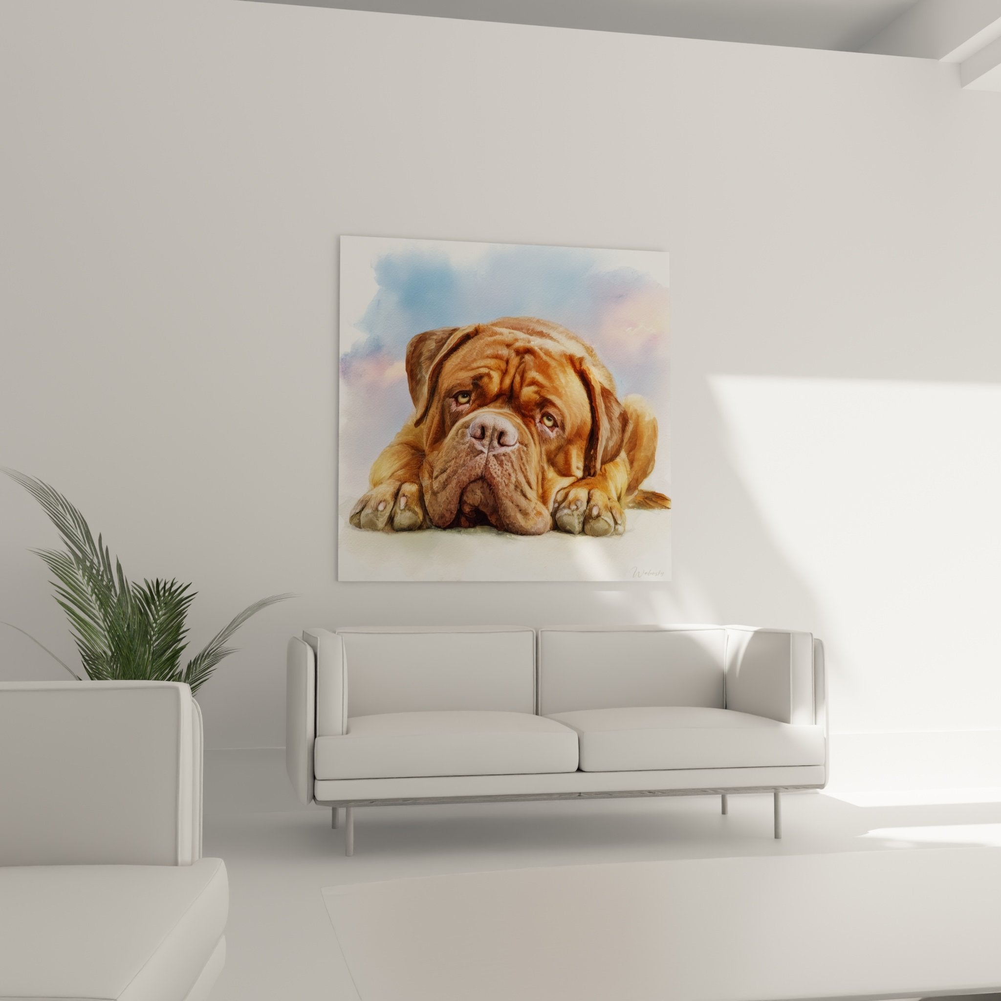 Detail portrait dogue de bordeaux yeux ambre expression touchante pelage orange cuivre technique aquarelle