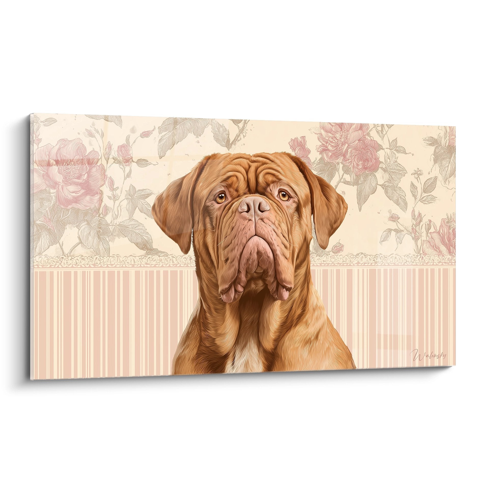 Portrait artistique Dogue de Bordeaux fauve sur fond floral vintage rose et beige