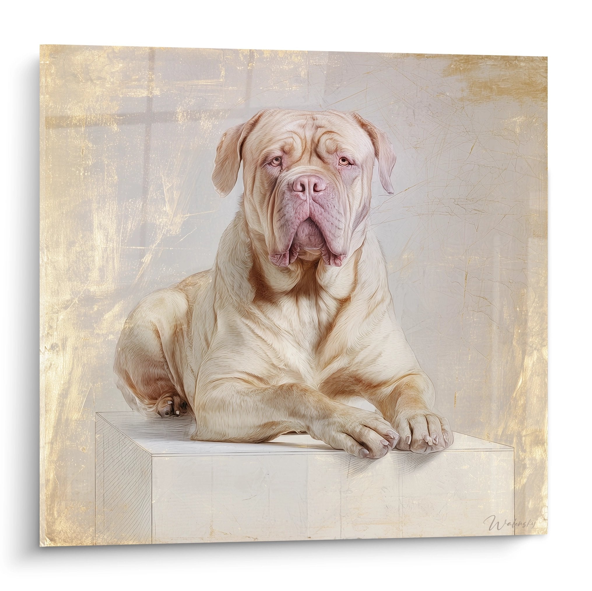 Majestätisches Porträt einer Bordeaux-Dogge in Goldtönen auf hellem Holzsockel, dekoratives Wandbild