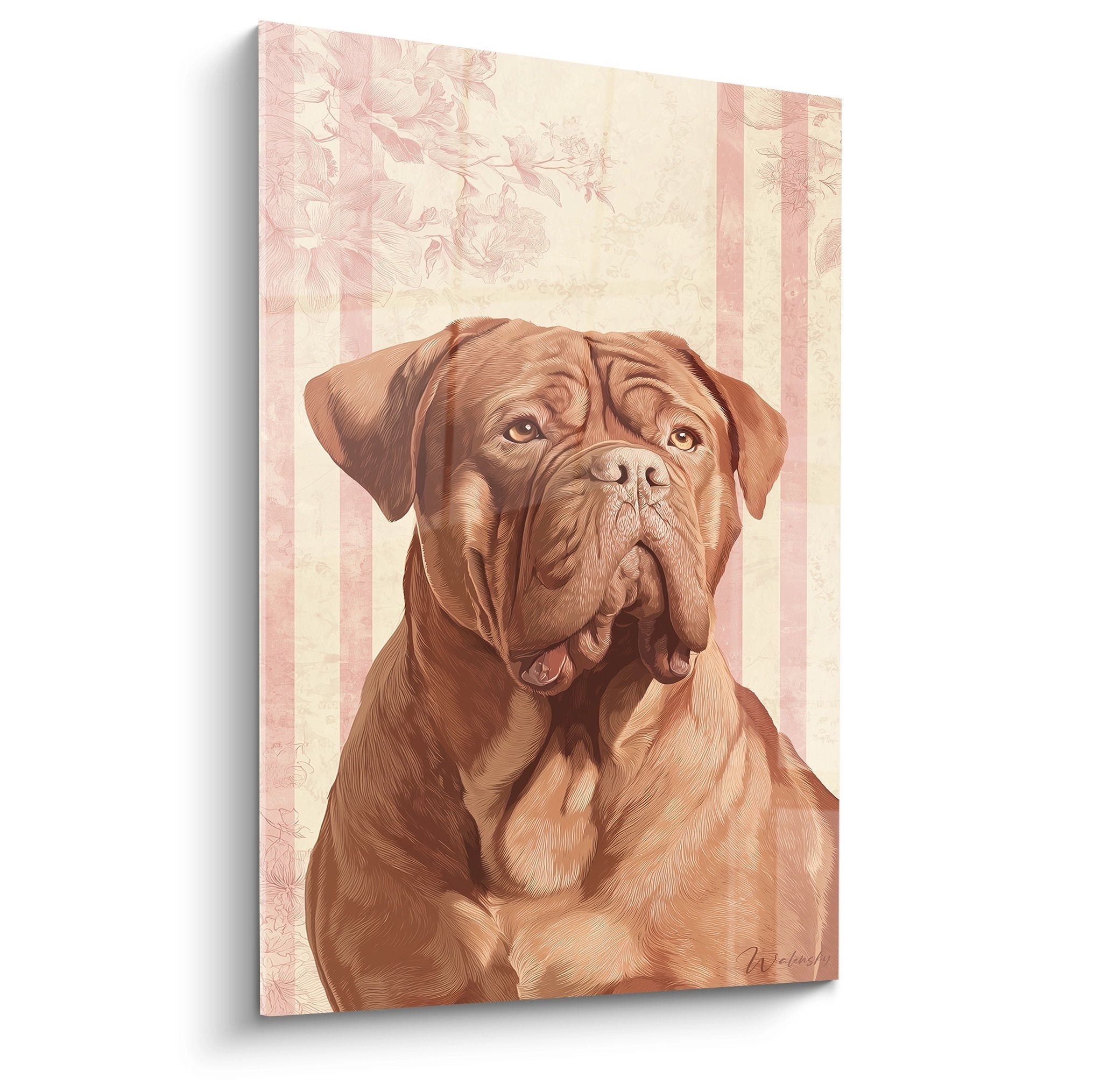 Künstlerisches Porträt Bordeaux-Dogge goldene Töne rosa Blumenhintergrund Vintage Streifen Wand-Hundekunst