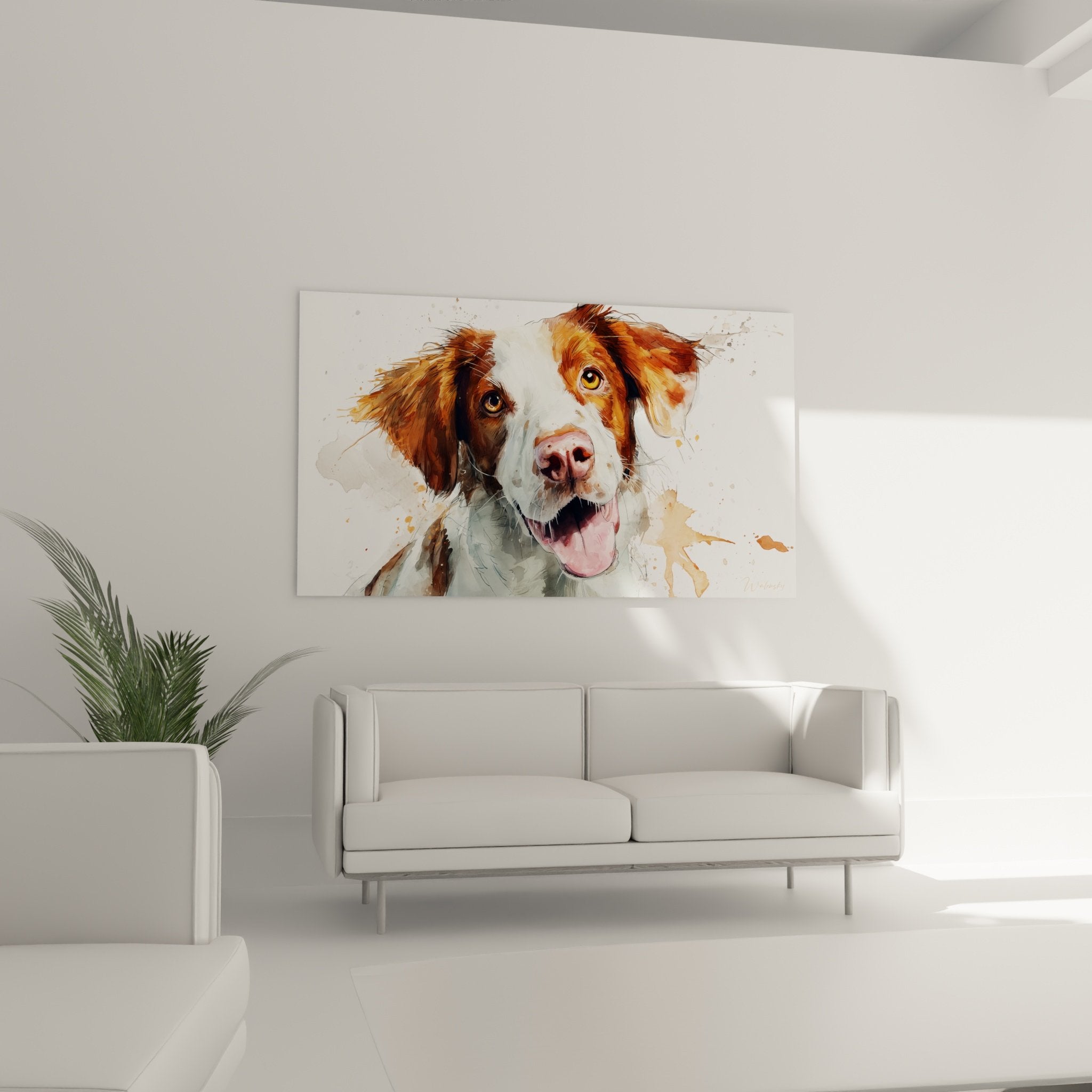 Primo piano ritratto acquerello Spaniel Bretone mantello rosso dettaglio occhi dorati tecnica pittura trasparente