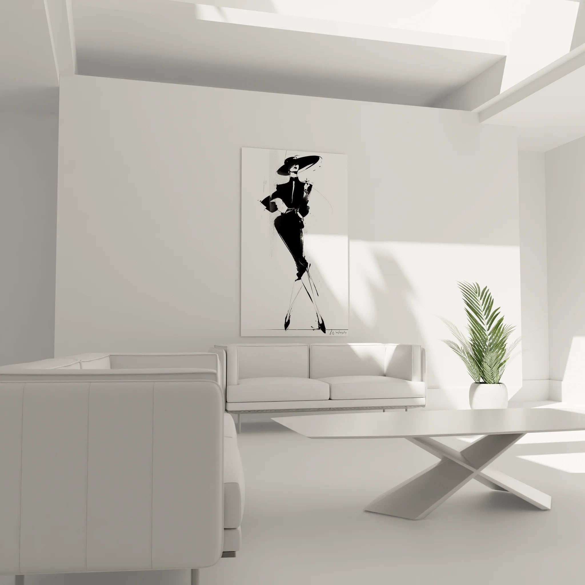 Gros plan tableau portrait femme chapeau, détails artistiques noir et blanc style moderne