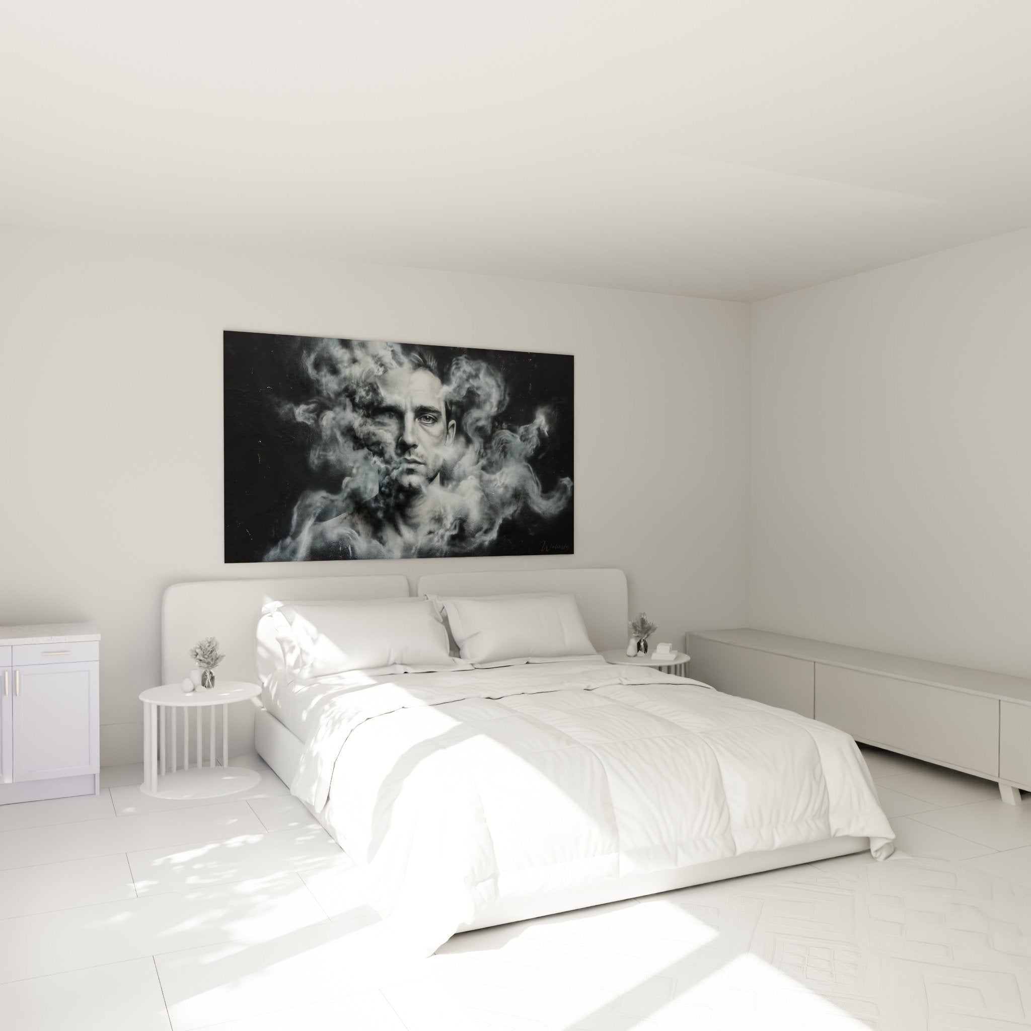 urbanes Porträt-Wandbild mit grauem Rauch modernes Schlafzimmer zeitgenössische Wanddekoration geheimnisvolle Atmosphäre