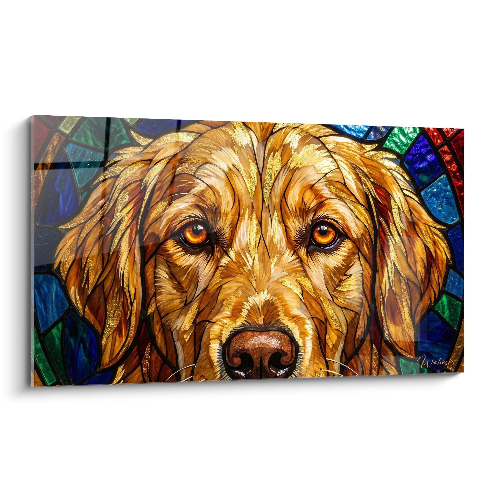 Ritratto golden retriever stile vetrata manto dorato occhi ambra sfondo colorato