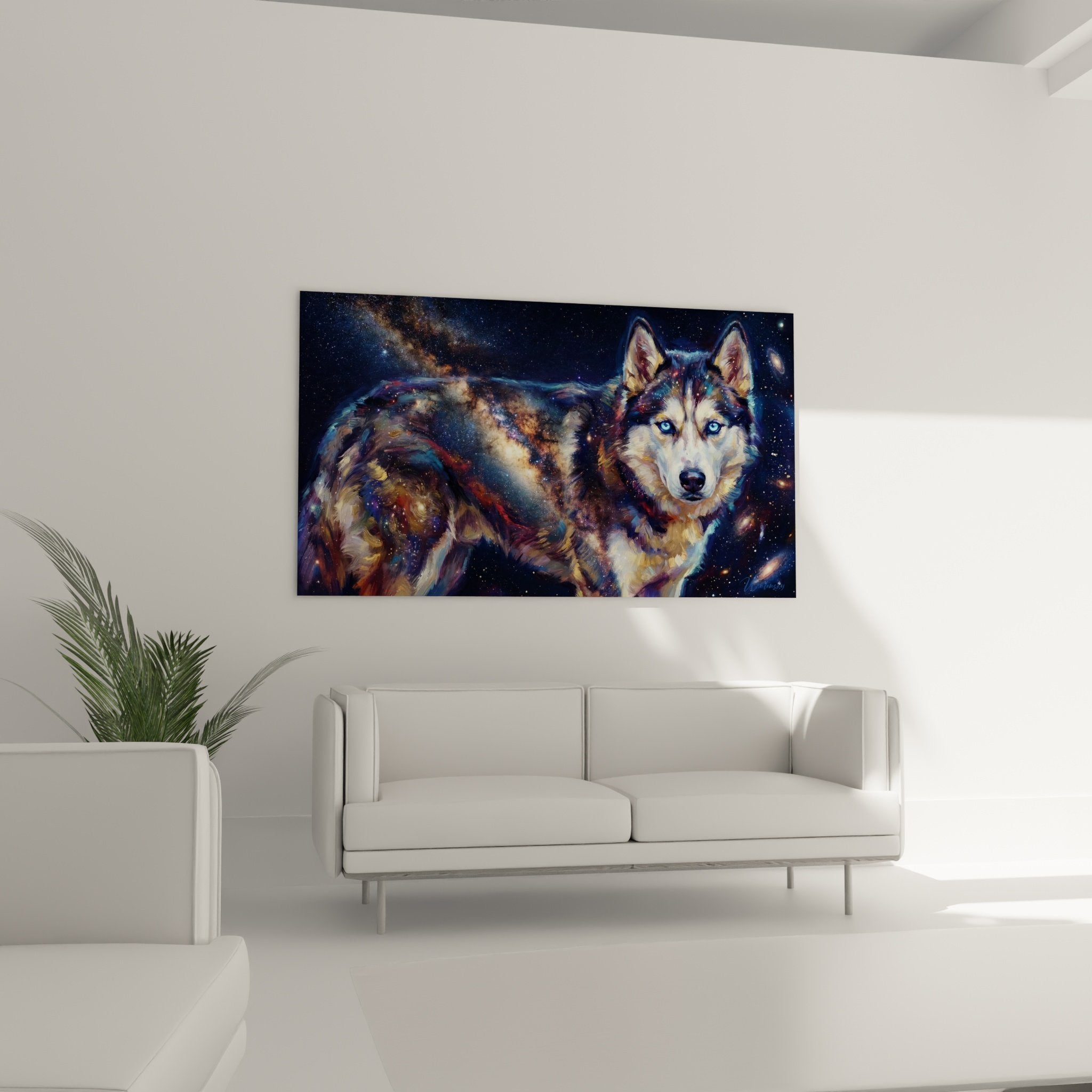 Gros plan portrait husky yeux bleus perçants fusion galactique particules etoilees bronze