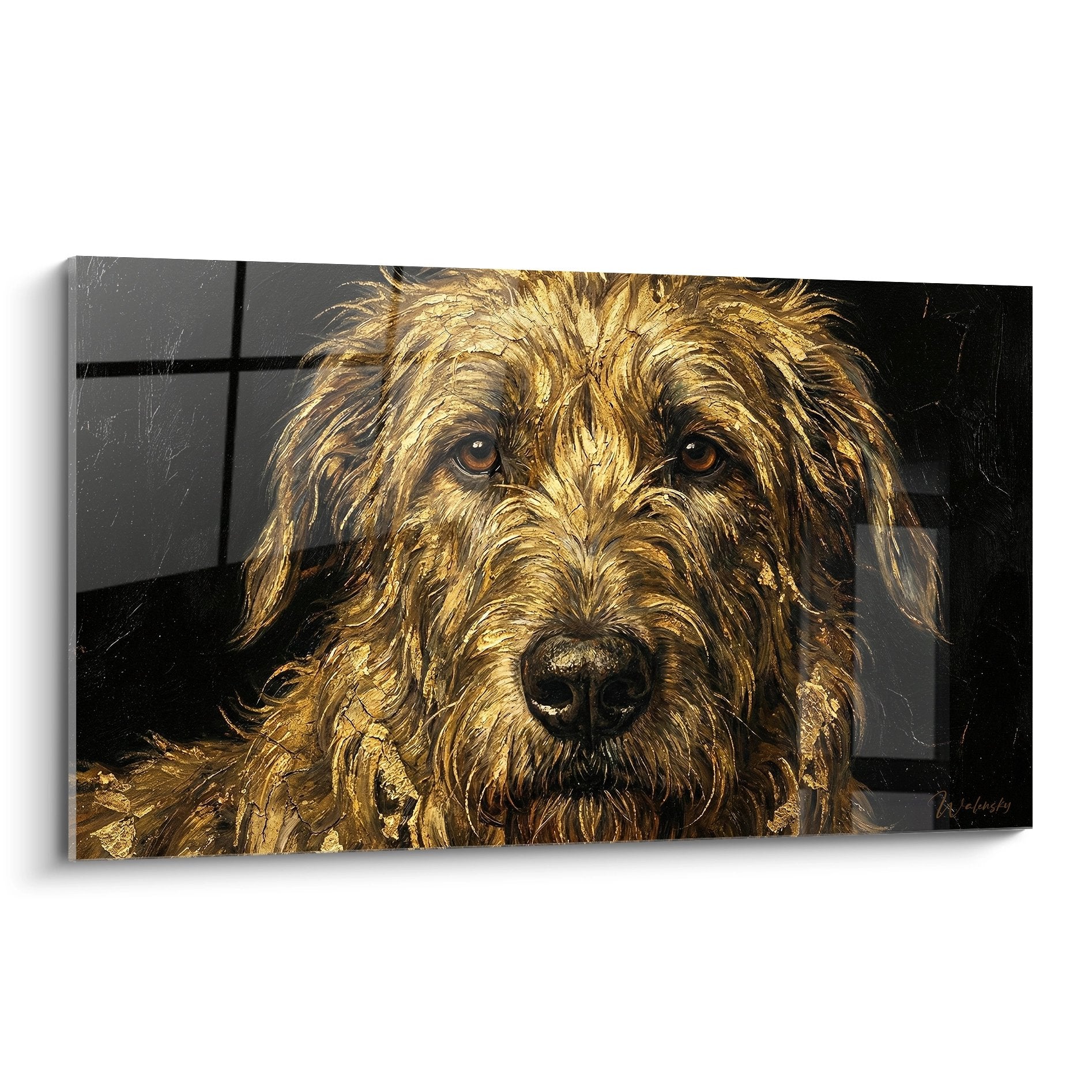 Portrait artistique Irish Wolfhound pelage cuivre dore regard ambre fond sombre tableau mural