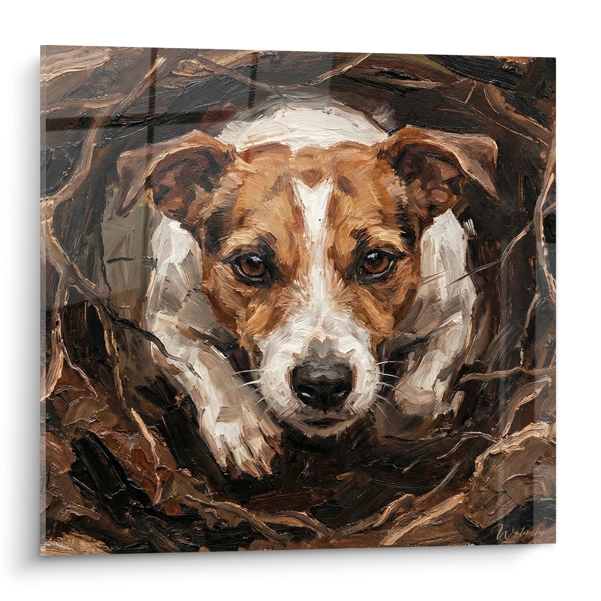 Expressive portrait Jack Russell Terrier brown ochre tones shelter oil painting visible brushstrokes