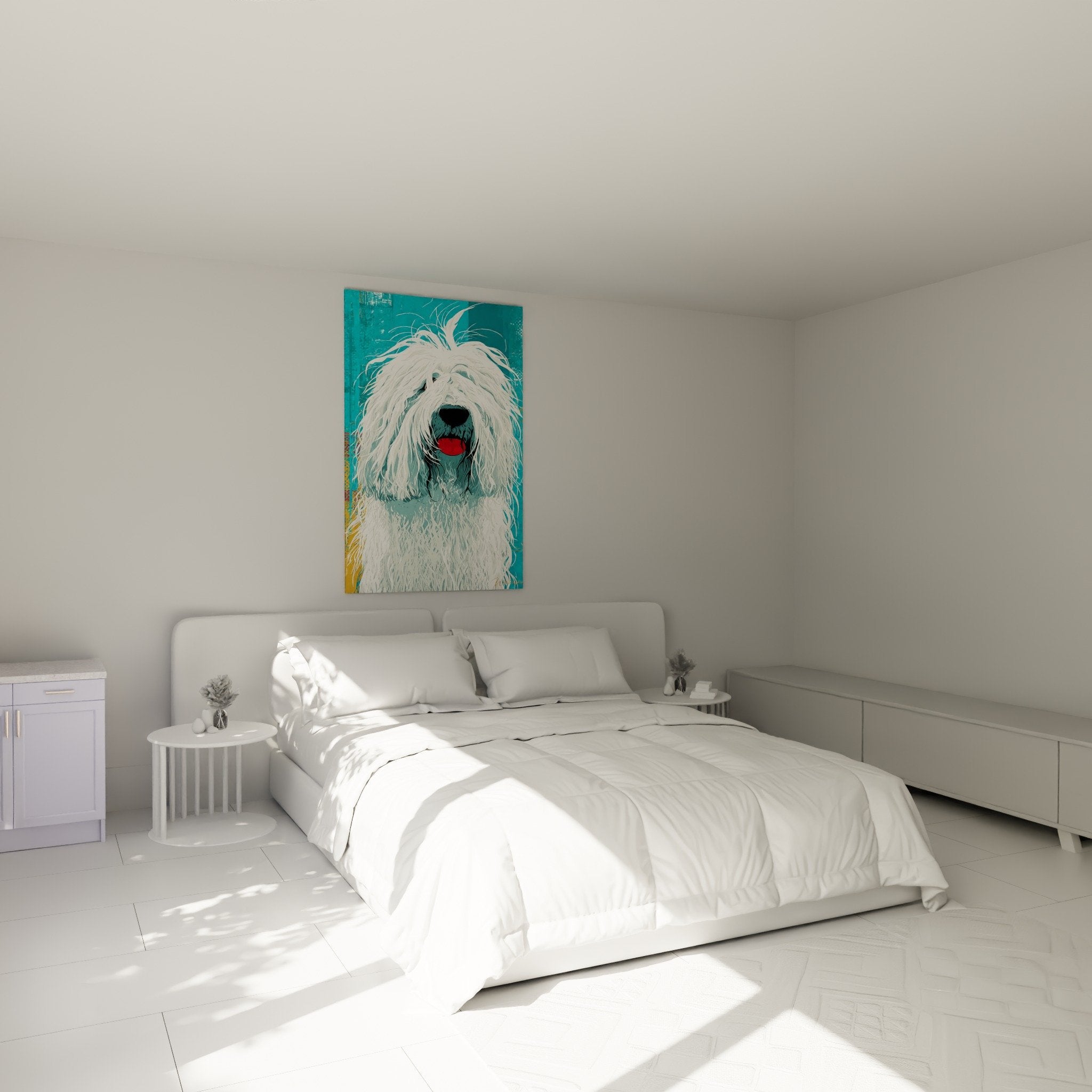 Portrait Komondor blanc décorant chambre moderne avec murs clairs et mobilier contemporain