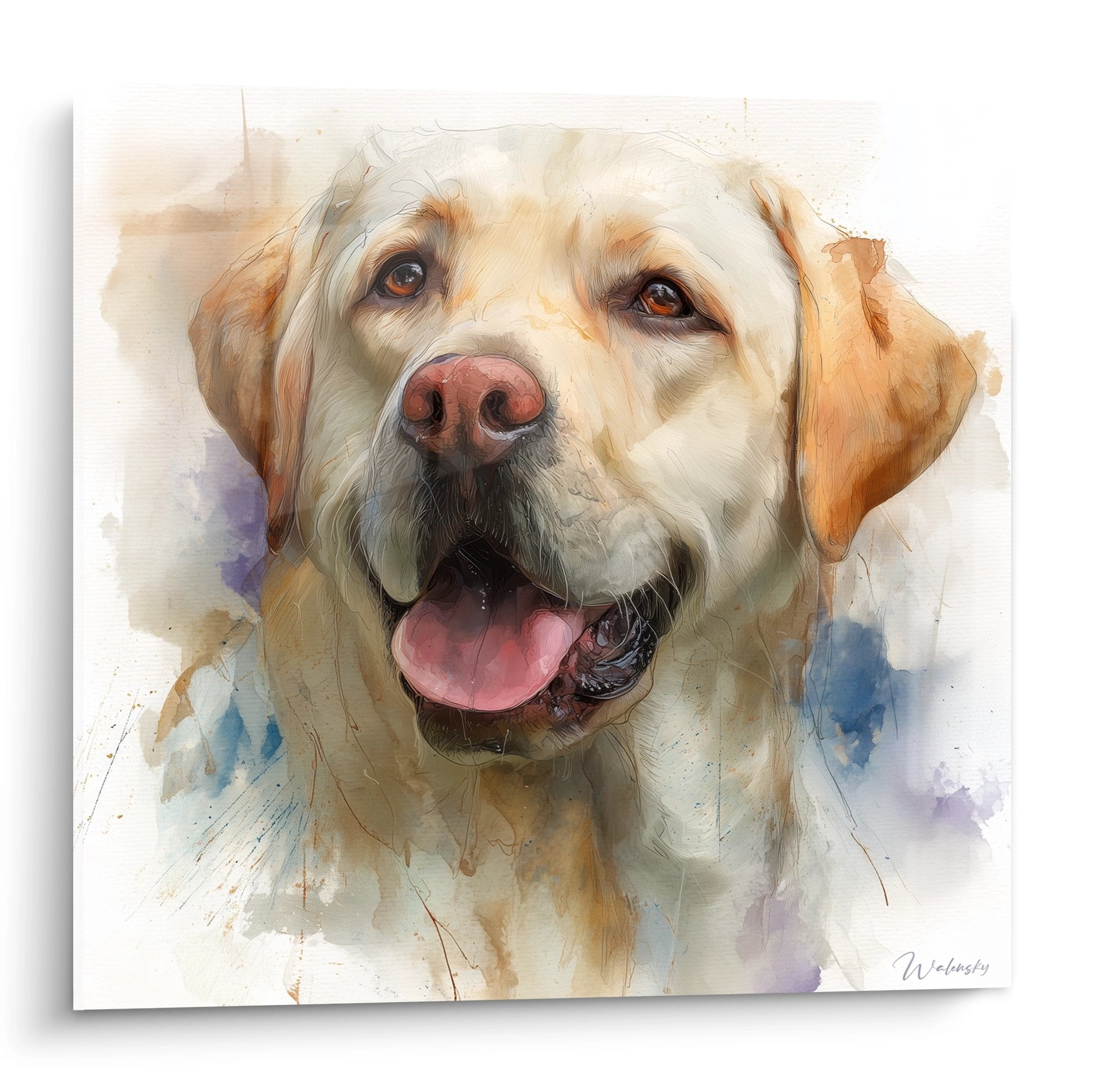 Ritratto acquerello labrador retriever sorridente tonalità oro e blu lingua rosa occhi espressivi arte animale moderna