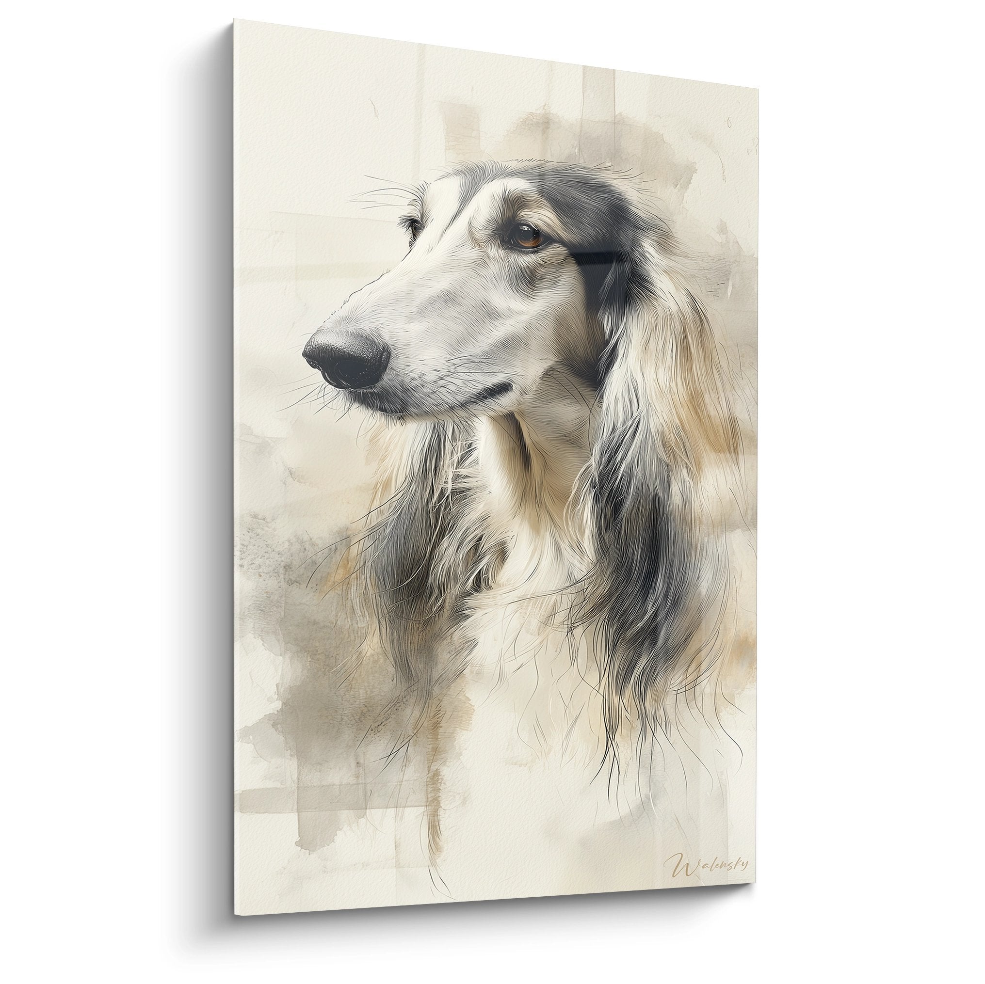 Portrait aquarelle Levrier Afghan aux tons beiges, regard melancolique, pelage soyeux detaille