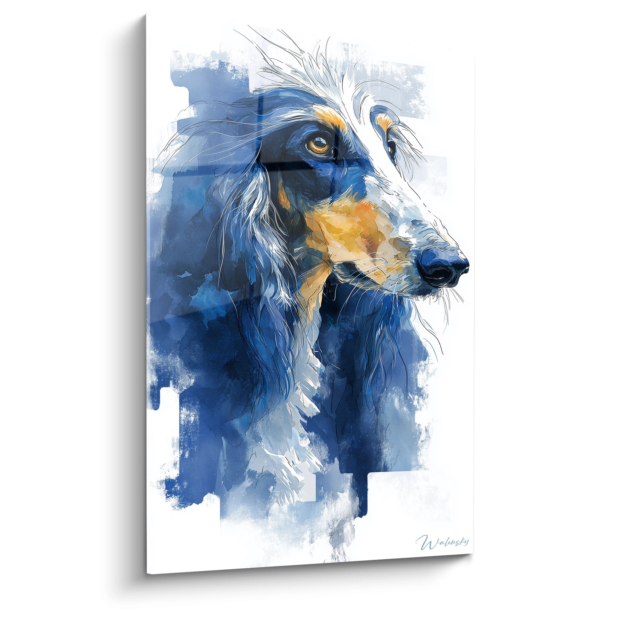 Portrait artistique levrier afghan tons bleus dores style aquarelle moderne decoration murale elegant