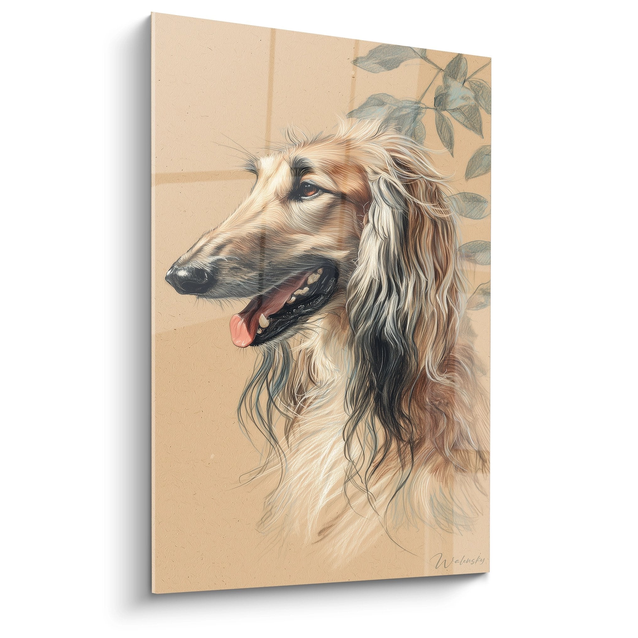 Portrait levrier afghan tons dores beiges pelage soyeux langue rose profil elegant art animalier