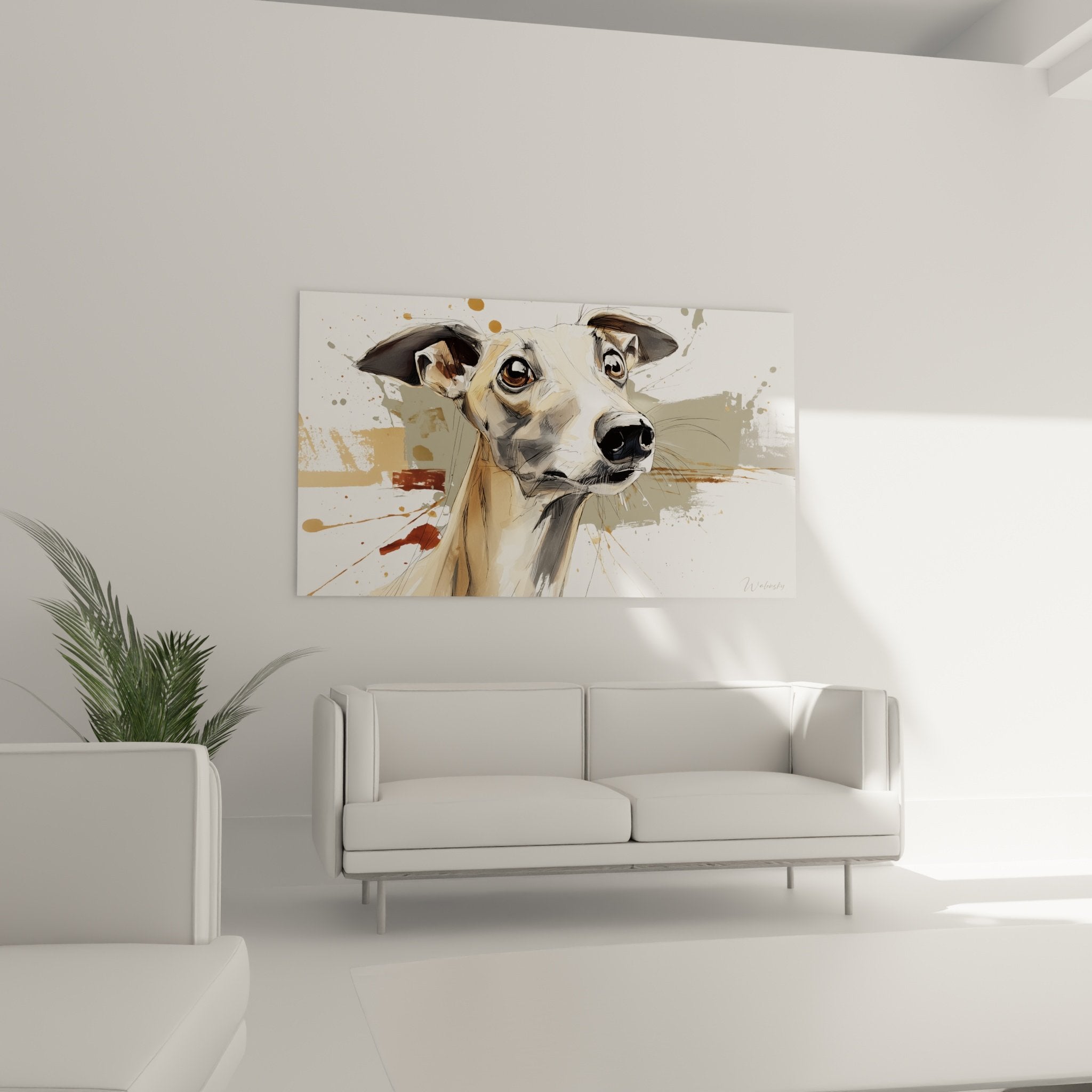 Détail du regard perçant et des traits délicats du Lévrier Whippet dans ce portrait aux tons ocre