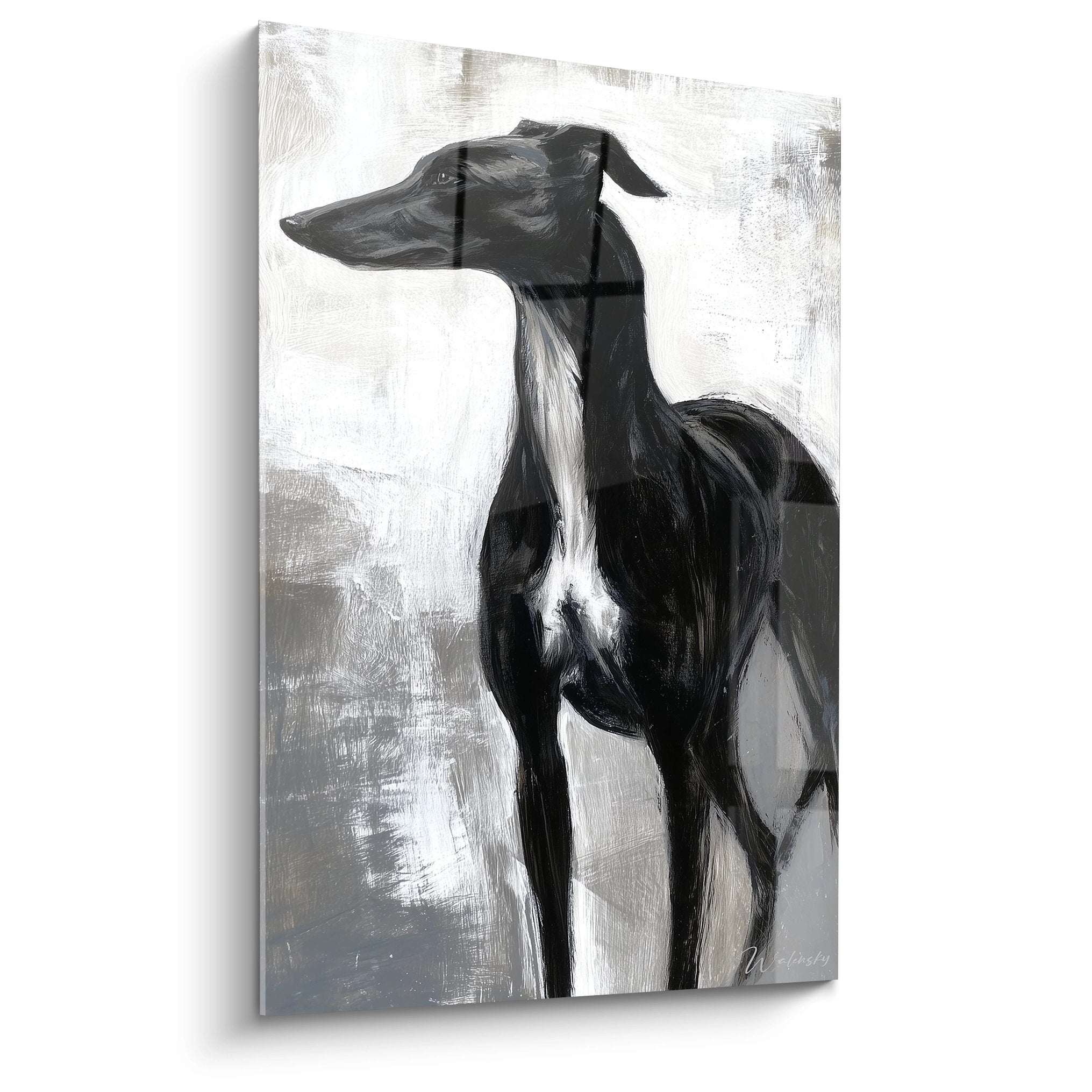 Portrait artistique noir et blanc de Lévrier Whippet de profil sur fond gris, peinture élégante et contemplative
