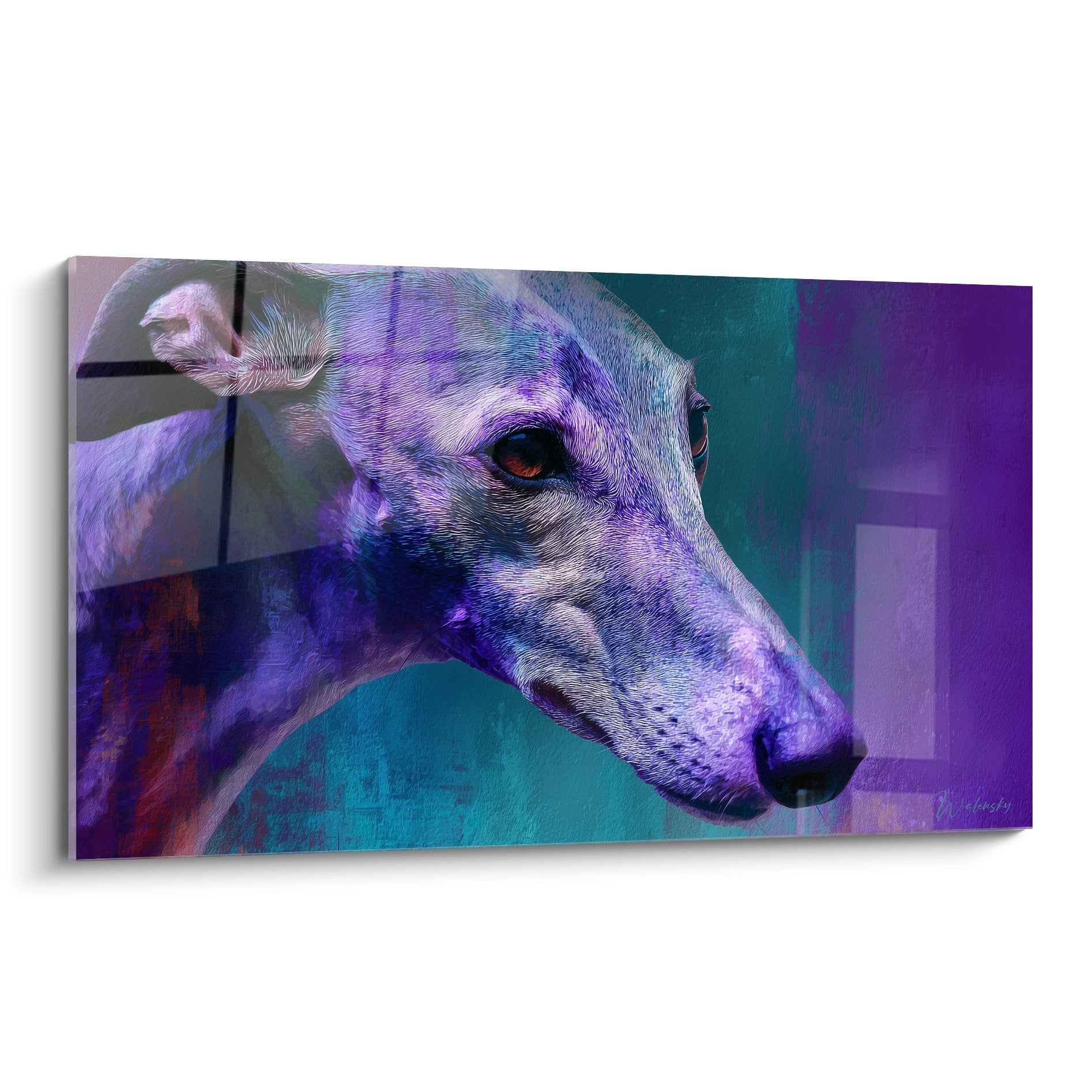 Portrait artistique de Levrier Whippet aux couleurs violettes et turquoise avec regard orange intense
