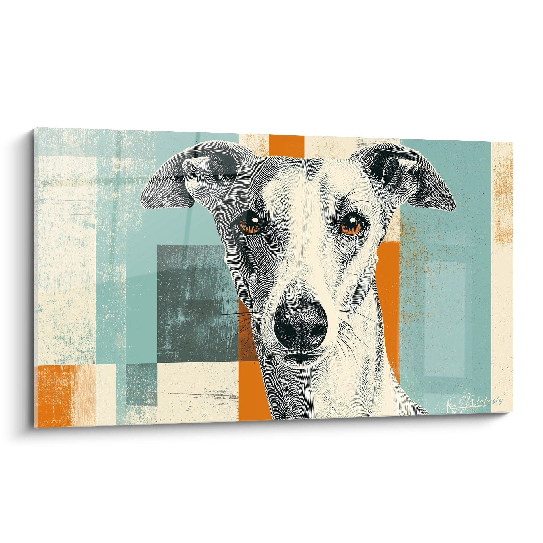 Portrait artistique Lévrier Whippet yeux ambrés fond géométrique bleu orange pastel tableau mural contemporain