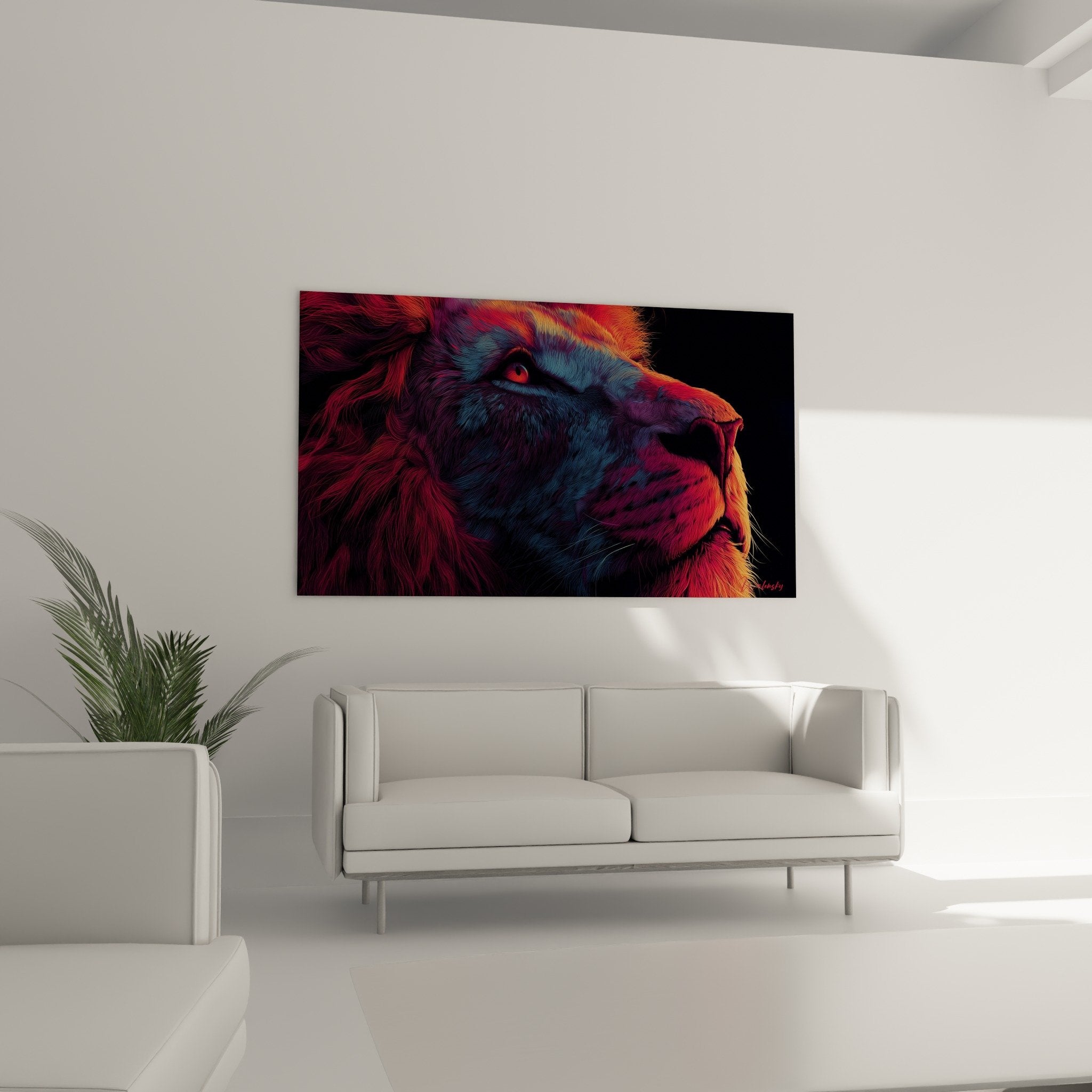 Gros plan portrait lion couleurs vibrantes rouge violet bleu texture fourrure réaliste art numérique