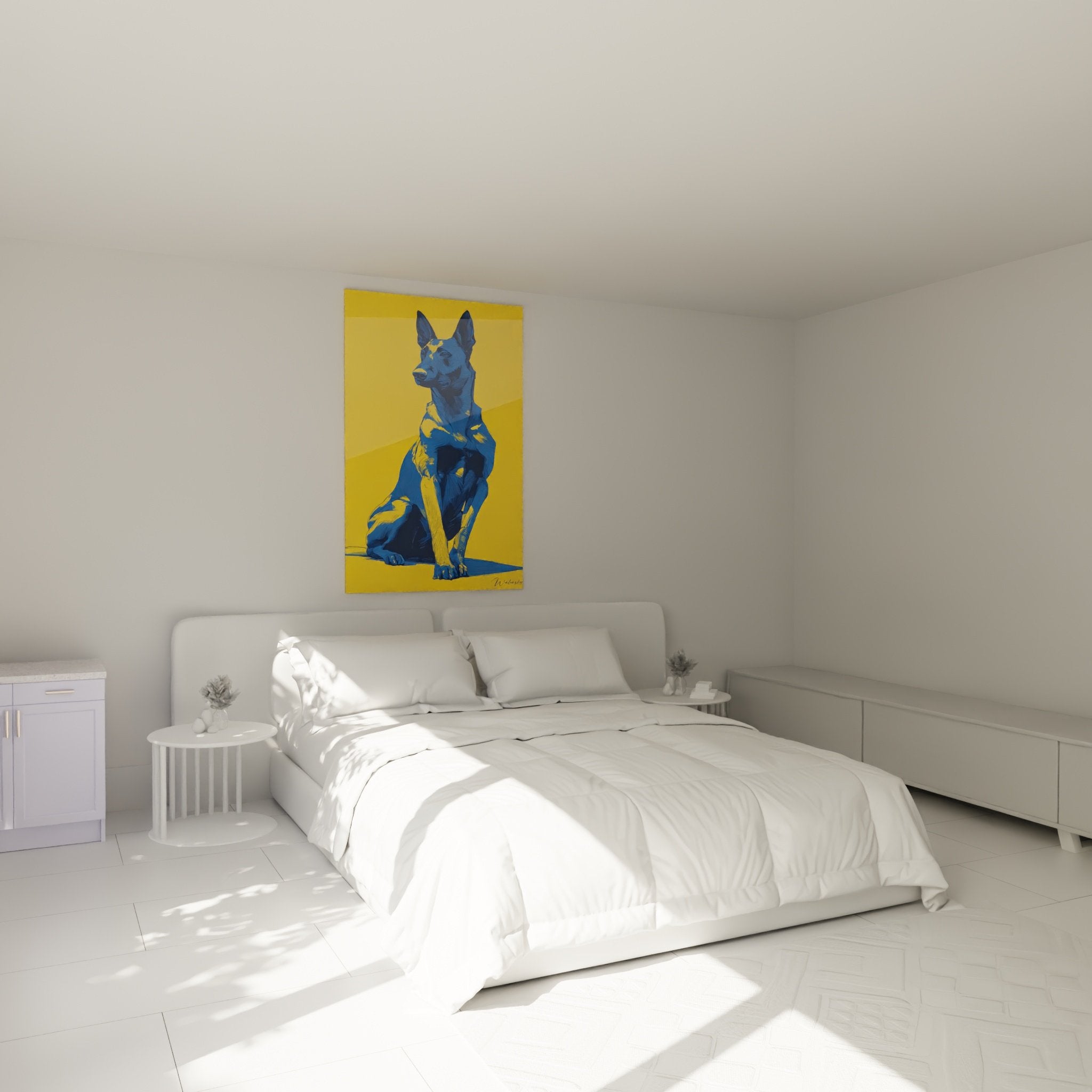 Portrait Berger Belge Malinois bleu décorant chambre moderne aux murs blancs