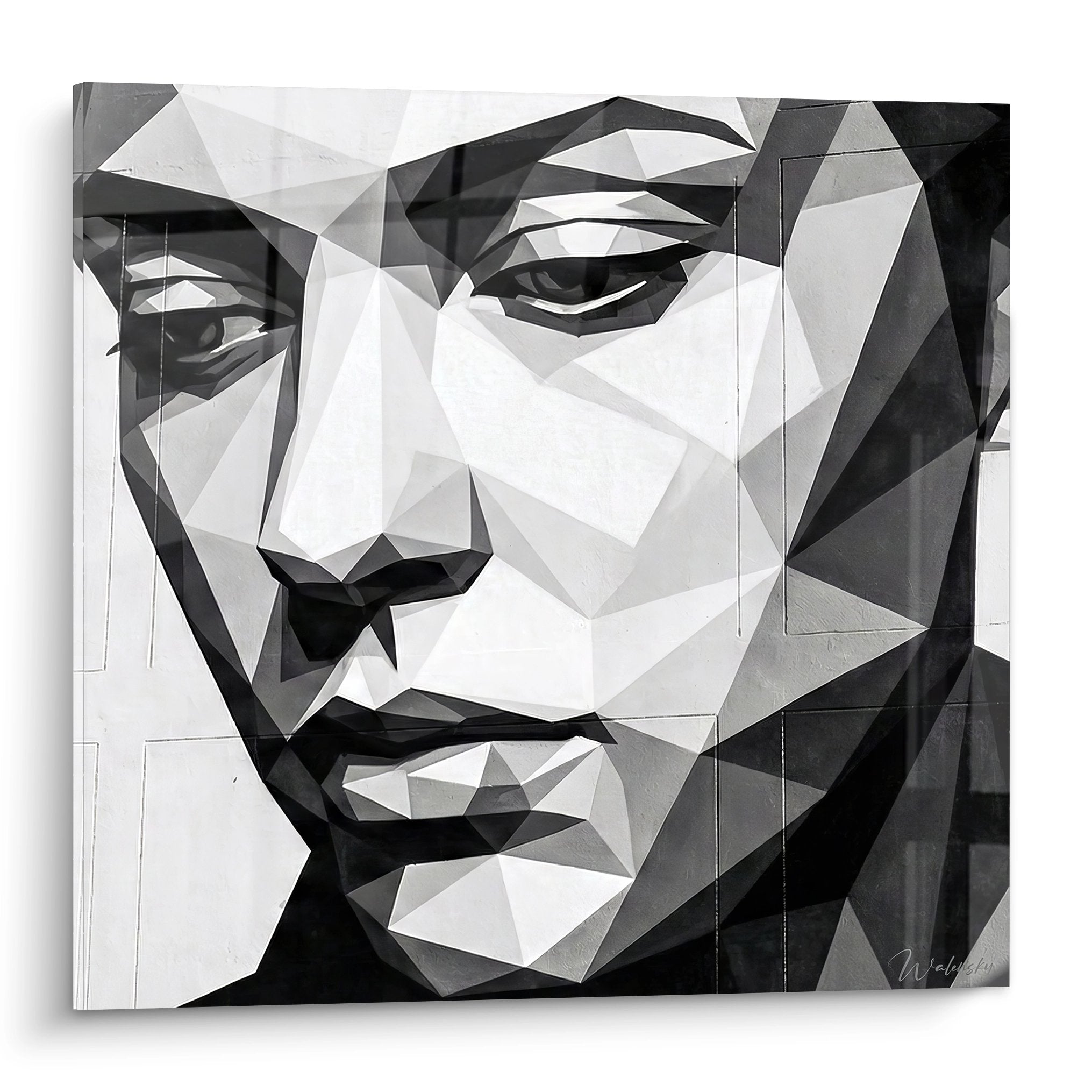Männliches Porträt polygonal Schwarz-Weiß Street Art geometrisch dreieckige Facetten intensiver Blick