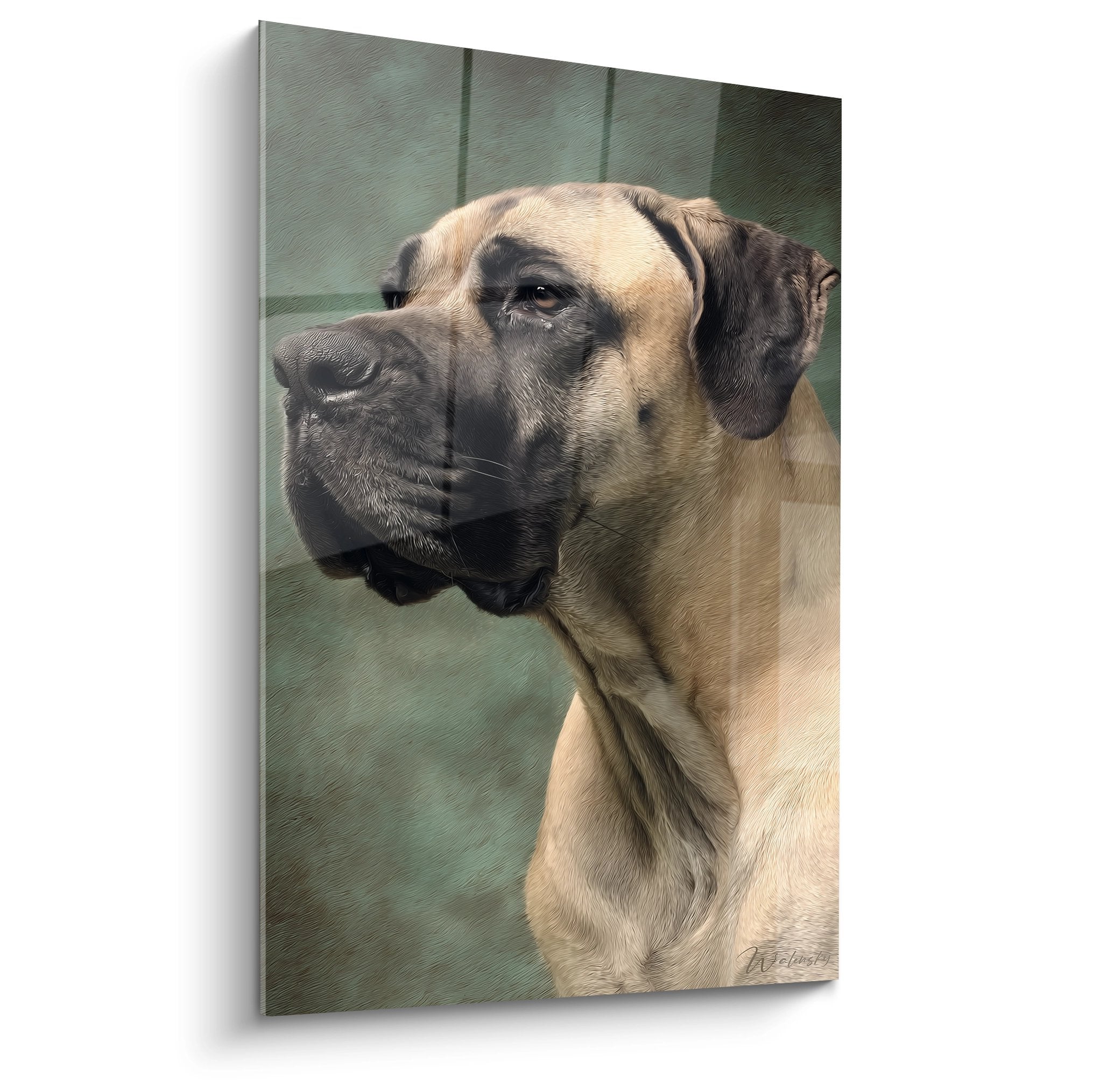 Portrait réaliste d'un Mastiff Anglais au pelage beige et brun sur fond vert jade, regard expressif et mélancolique