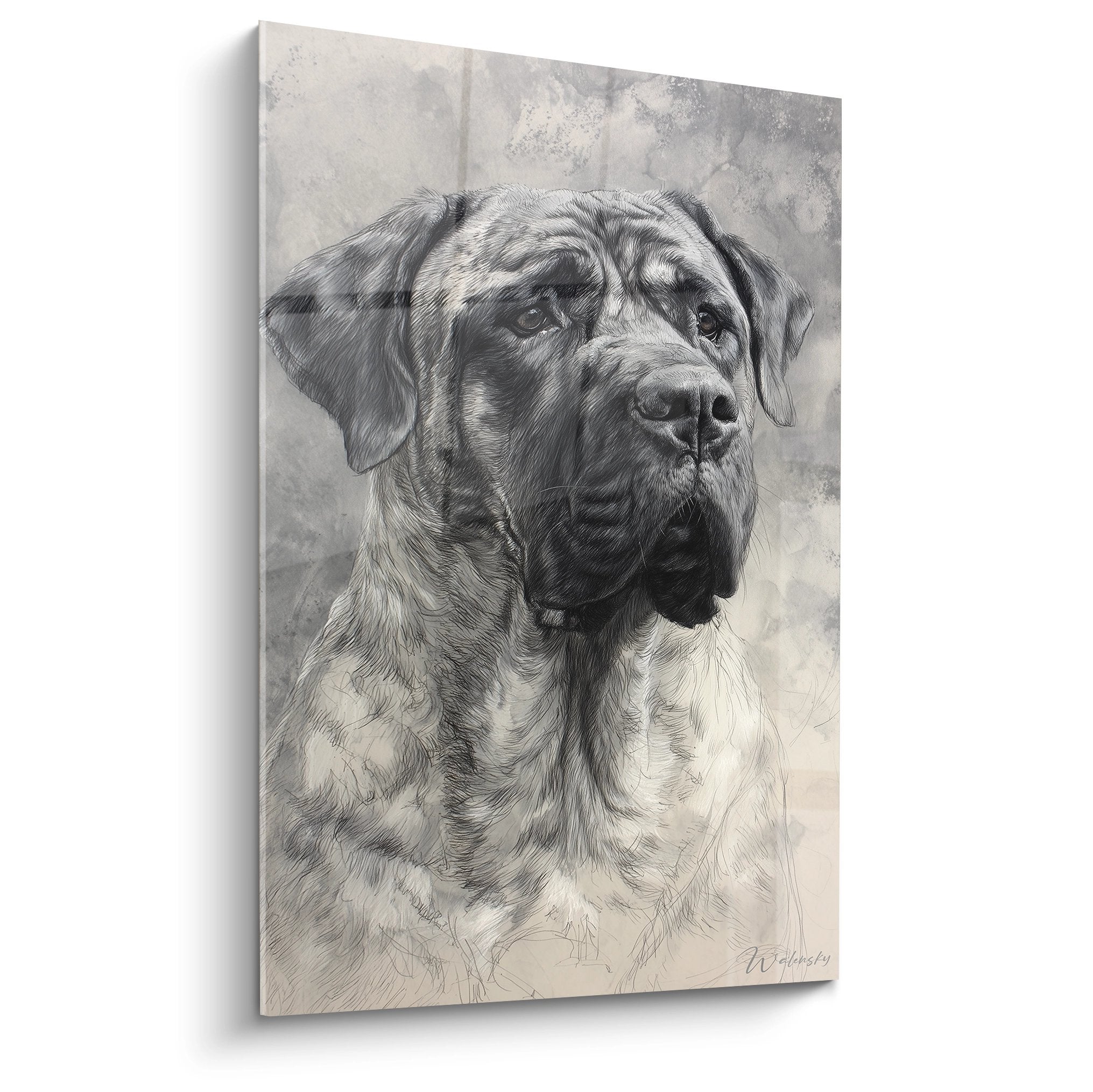 Realistisches Porträt Englische Dogge Schwarzweiß edler Blick beige Hintergrund Pergamenttextur Wandkunst Hund