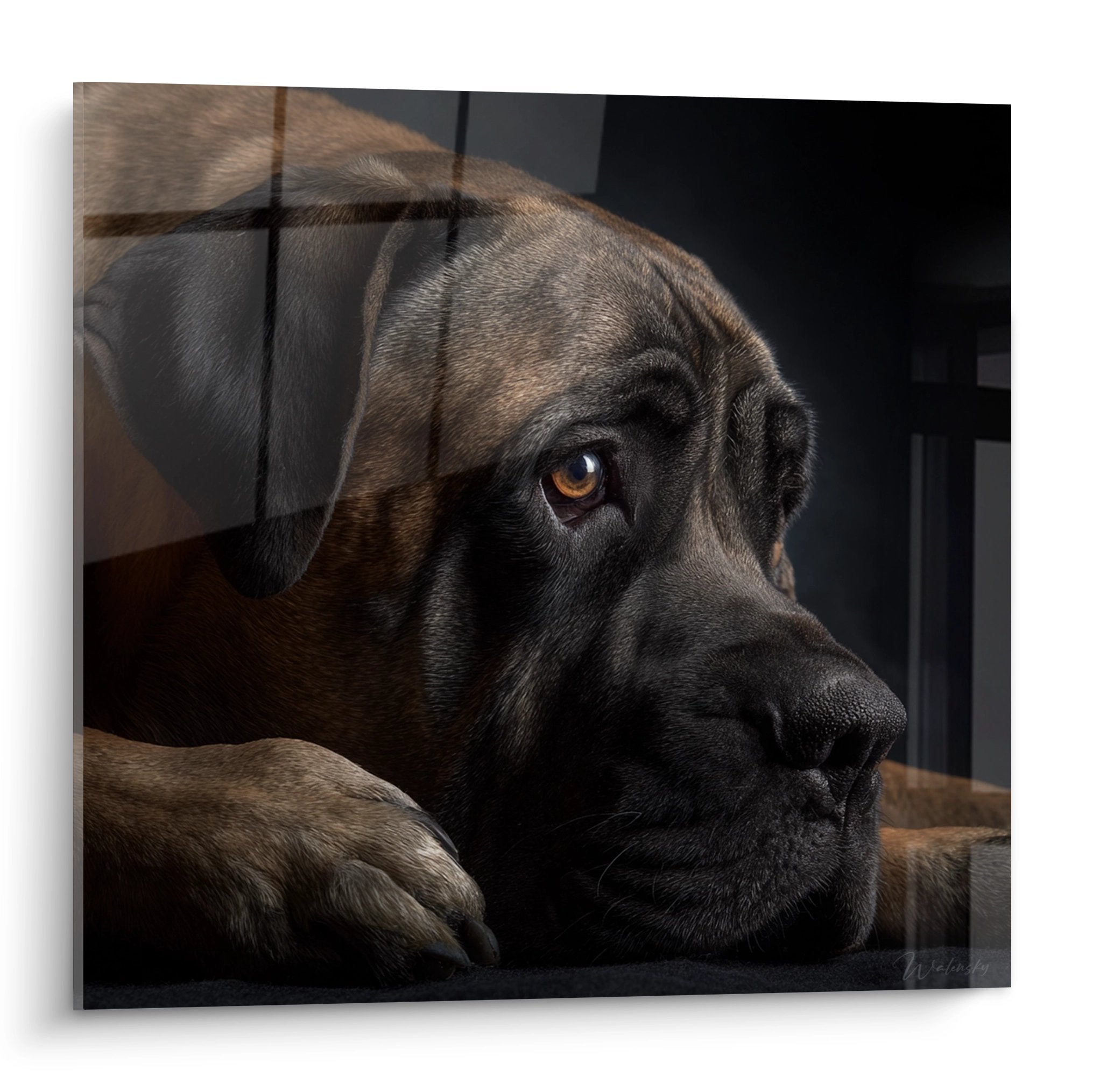 Porträt einer englischen Mastiff mit bernsteinfarbenen Augen, nachdenklicher Blick, Sepia-Töne, Wanddekorationsbild Hund