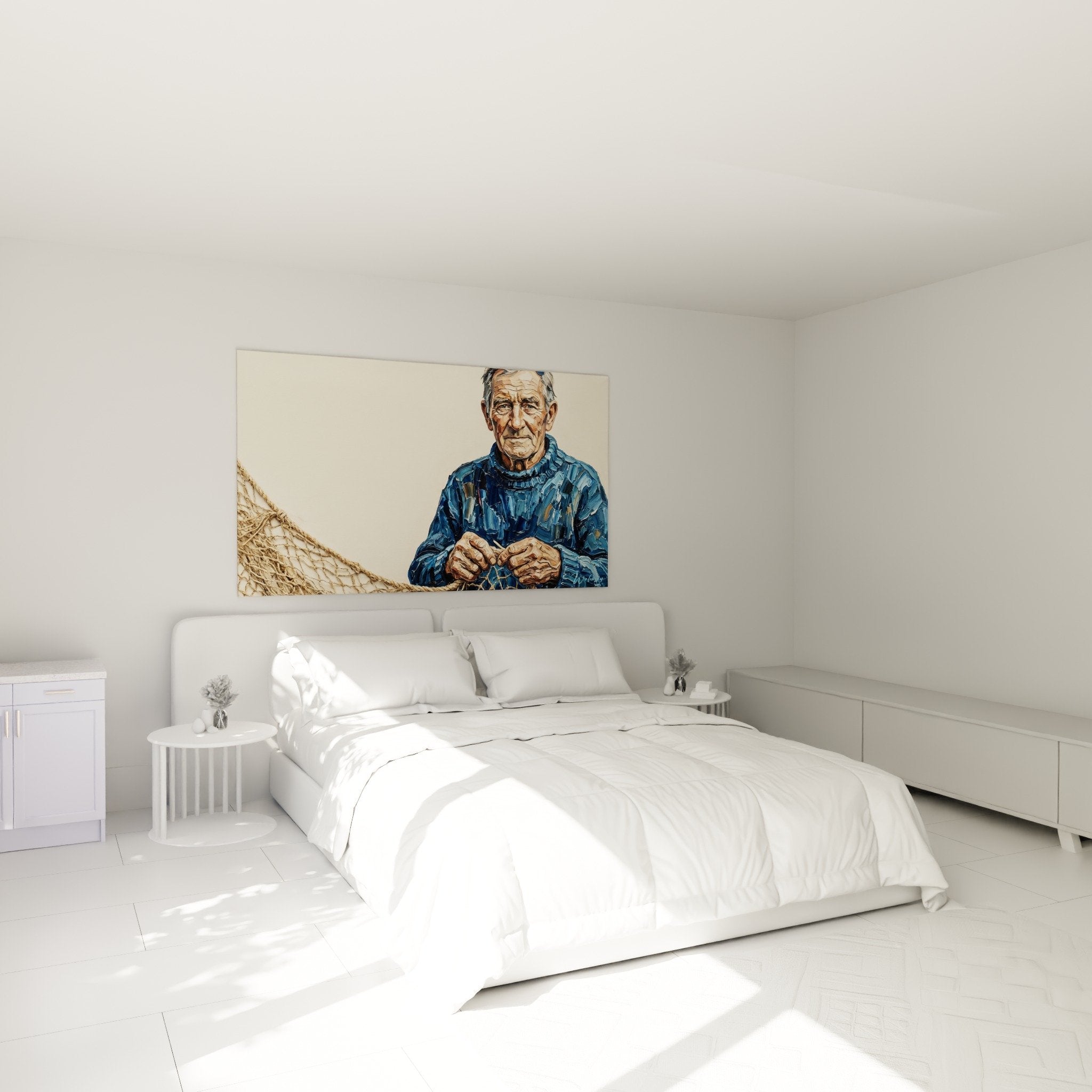 Porträt Fischer Fluss blaues Strickwerk dekoriert modernes Schlafzimmer mit weißen Wänden und natürlichem Holzmobiliar
