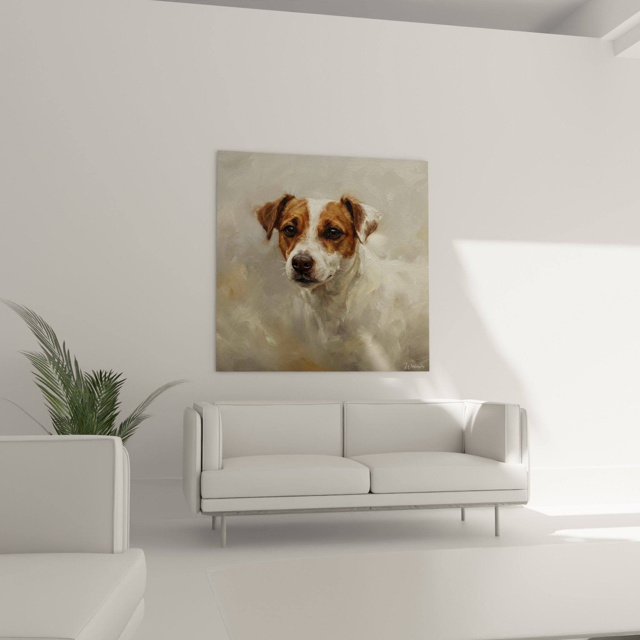 Close-up painted portrait Jack Russell Terrier expressive gaze painting technique visible brushstrokes