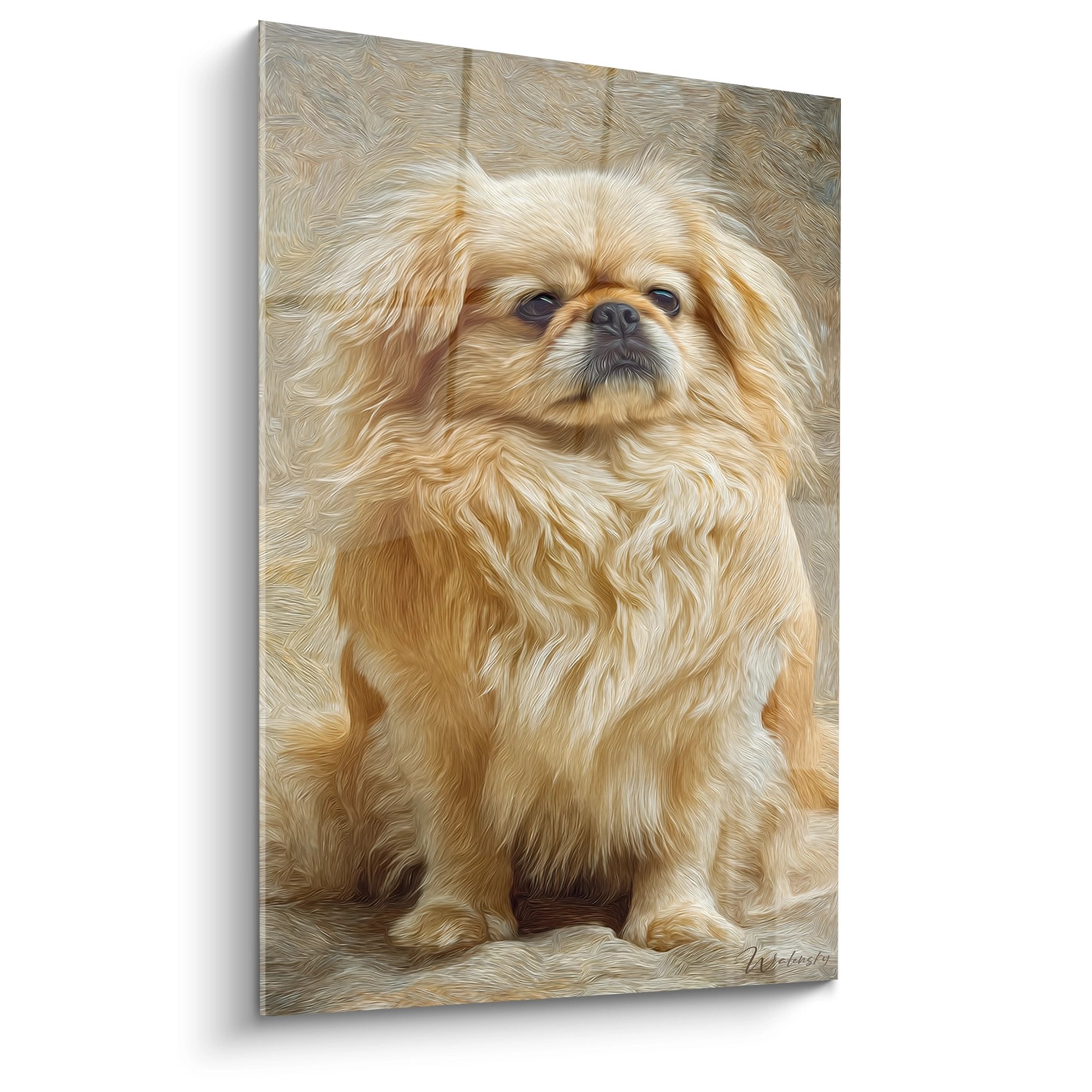 Portrait artistique pekinois pelage dore creme regard tendre technique pinceau tons chauds