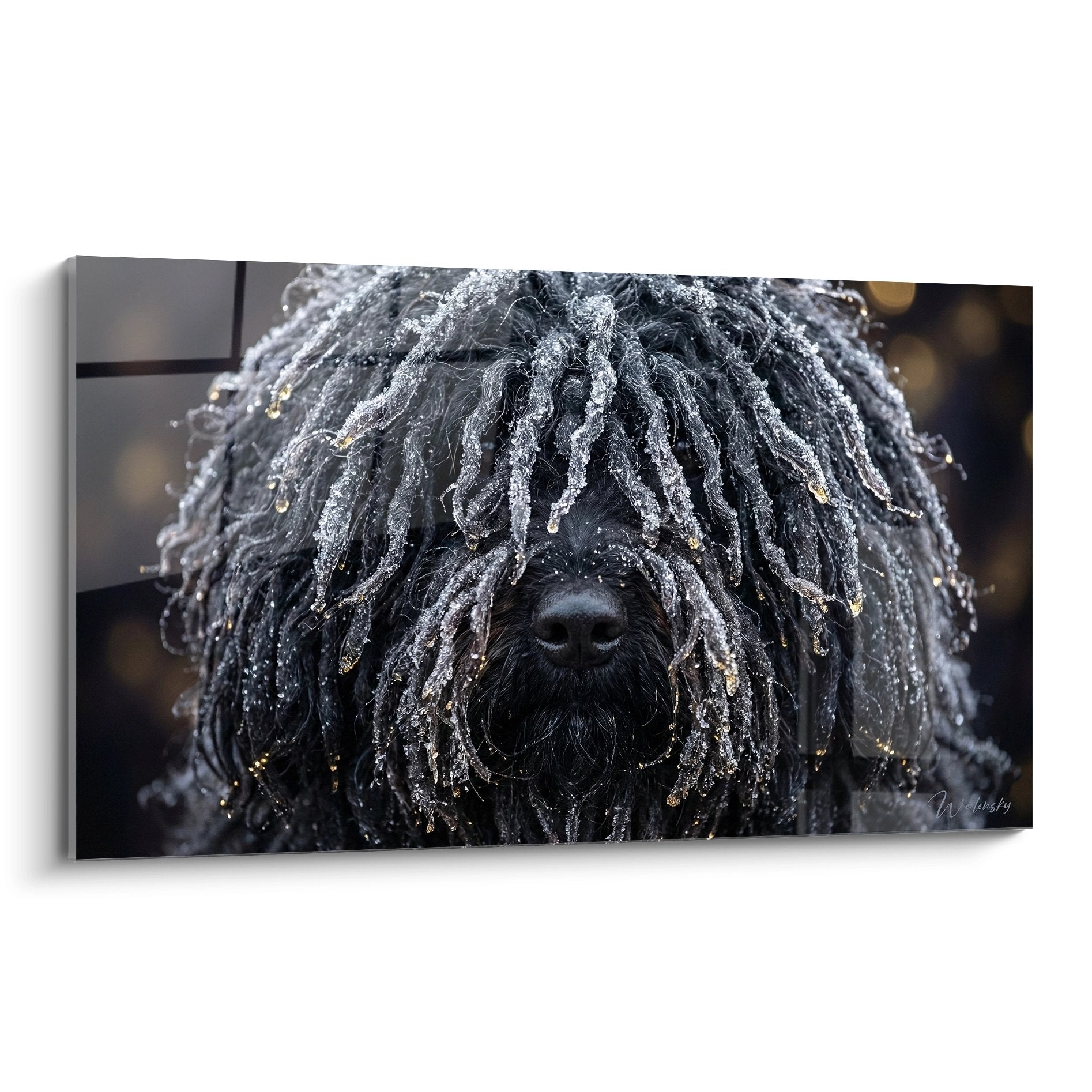 Portrait puli cordelettes givrées cristaux glace reflets argentés tableau mural art contemporain chien