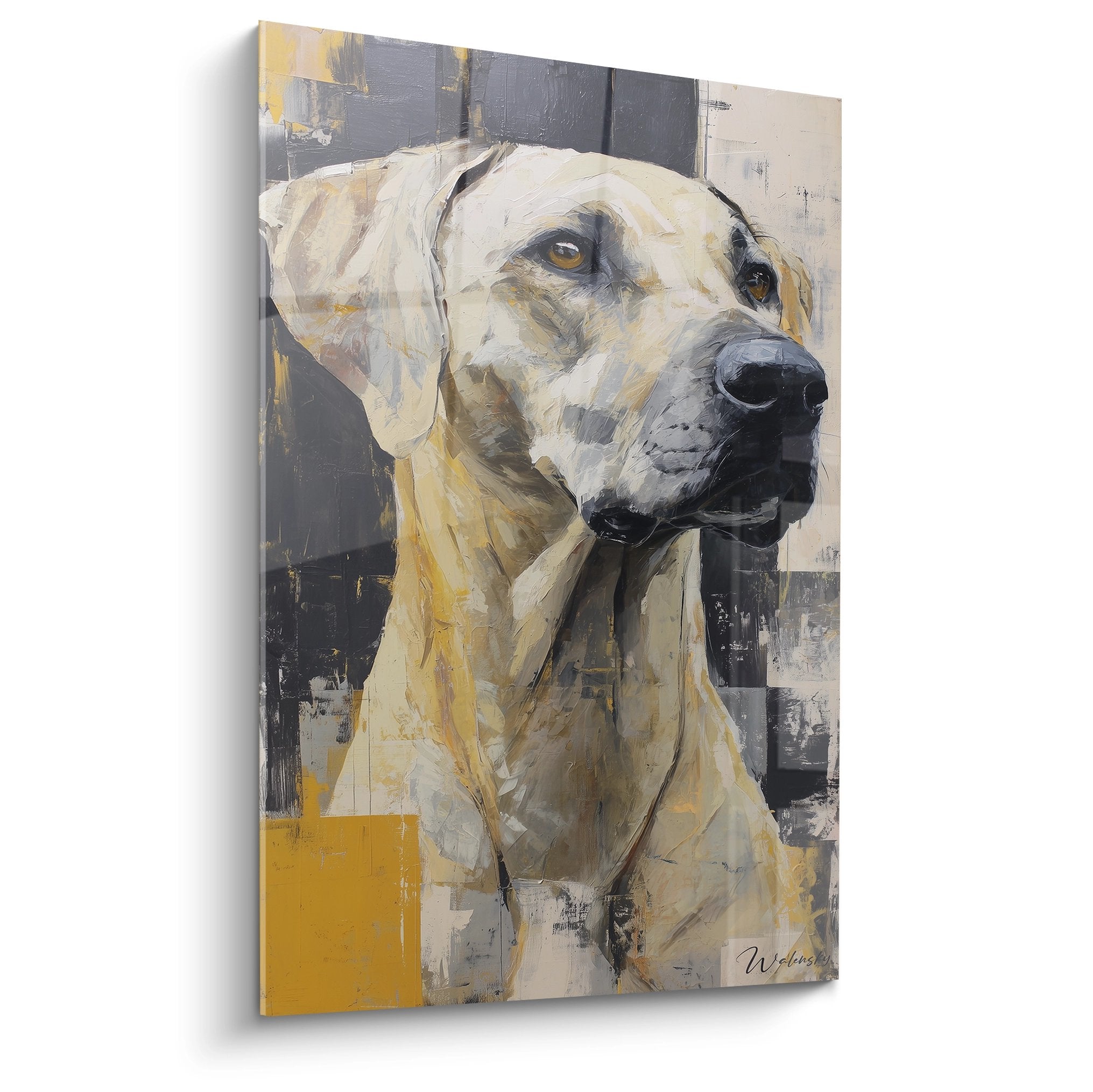 Portrait de Rhodesian Ridgeback beige et doré sur fond abstrait coloré, regard noble et expressif