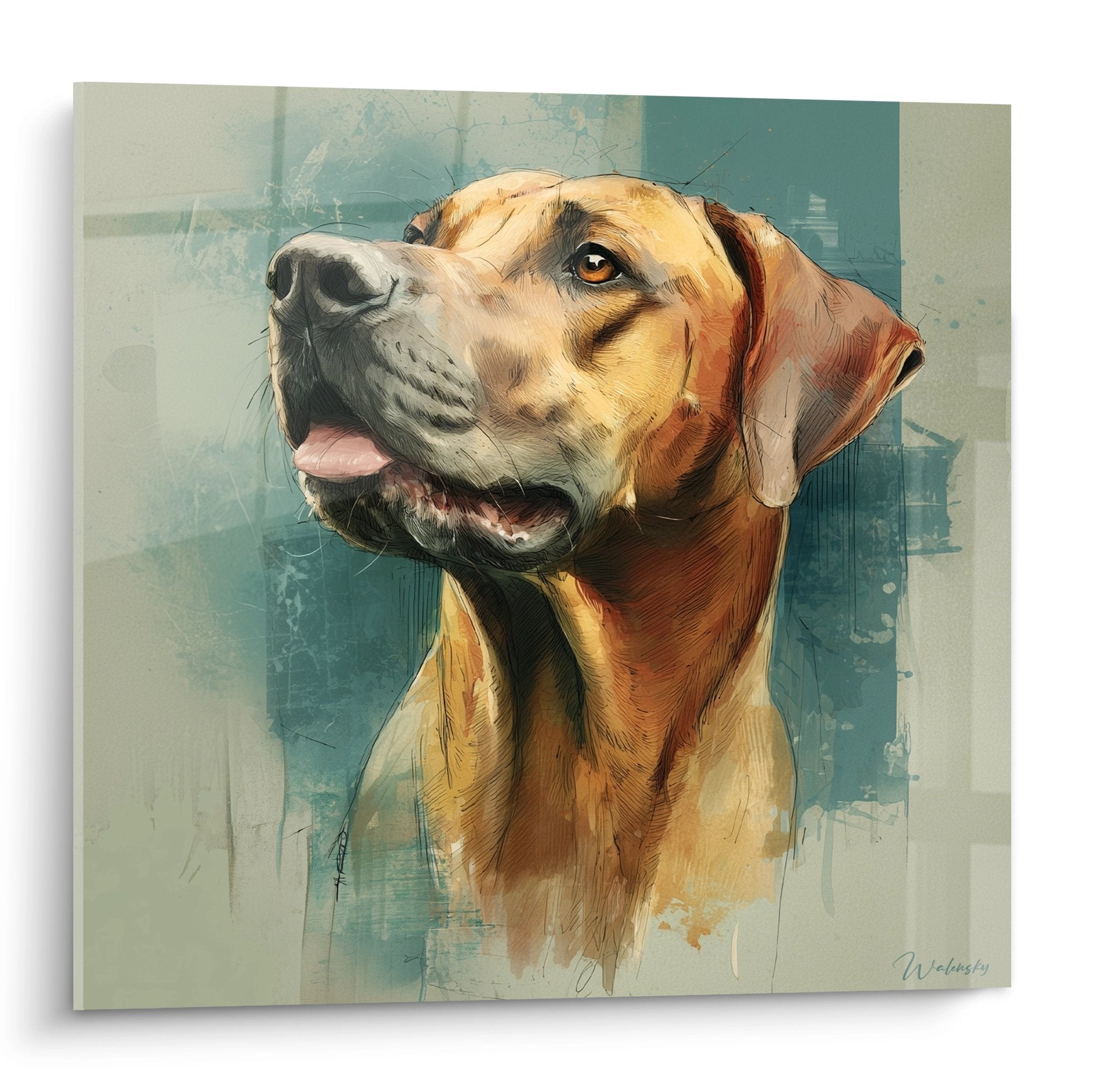 Portrait artistique d'un Rhodesian Ridgeback au regard noble levé, tons dorés sur fond bleu-vert aquarellé