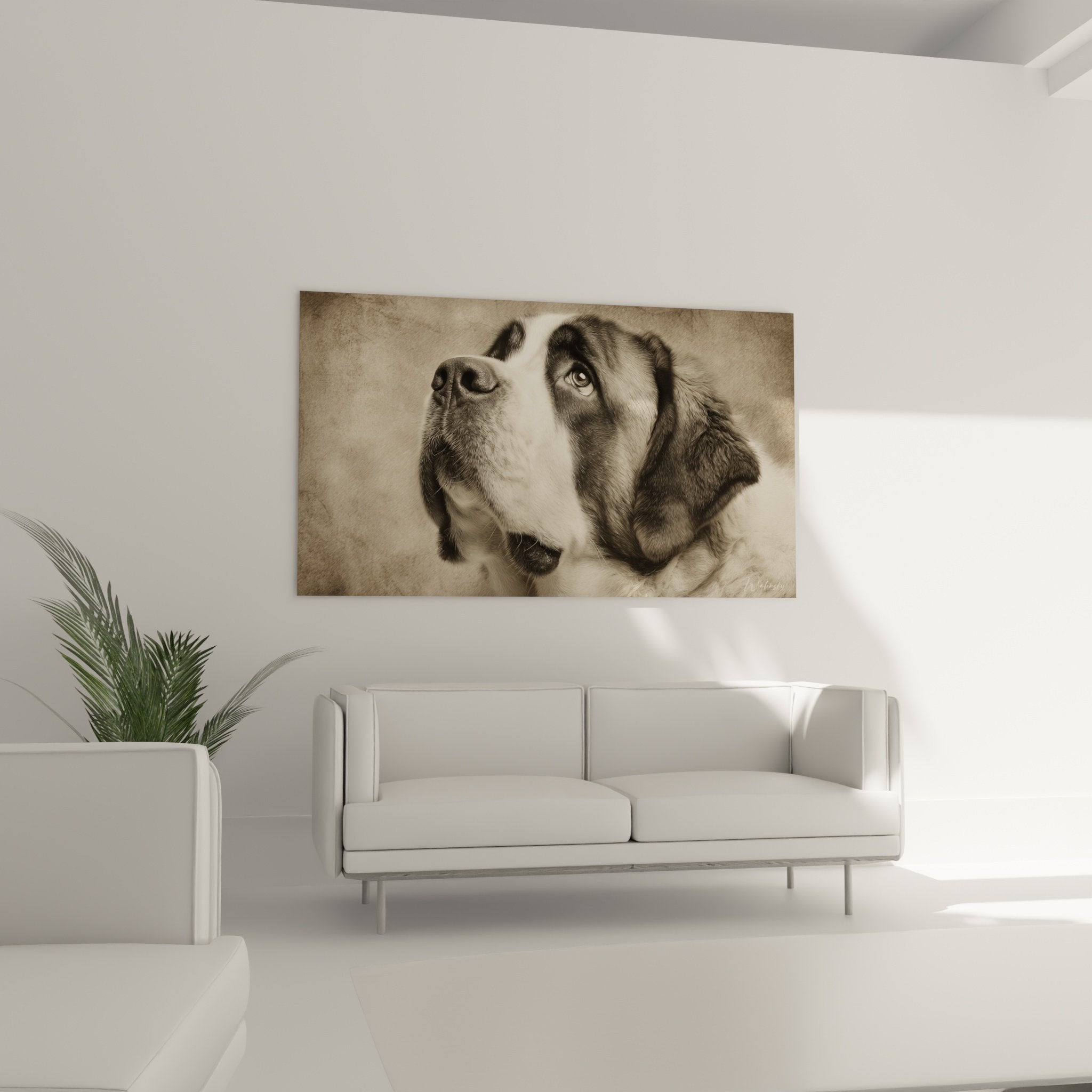Gros plan portrait Saint Bernard sepia detail yeux clairs pelage texture realiste art animalier
