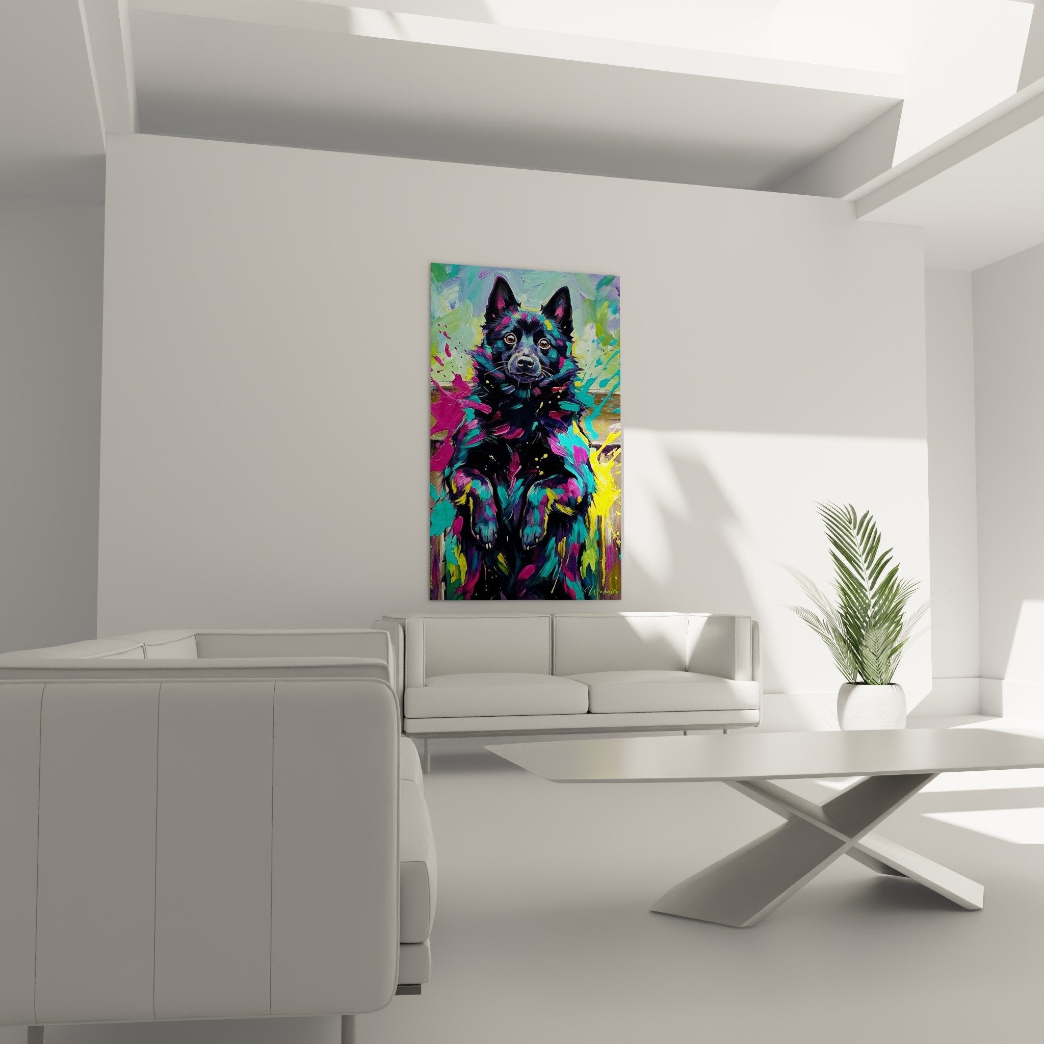 Nahaufnahme Porträt Schipperke mit blauvioletten Reflexen und zeitgenössischen farbigen Spritzern