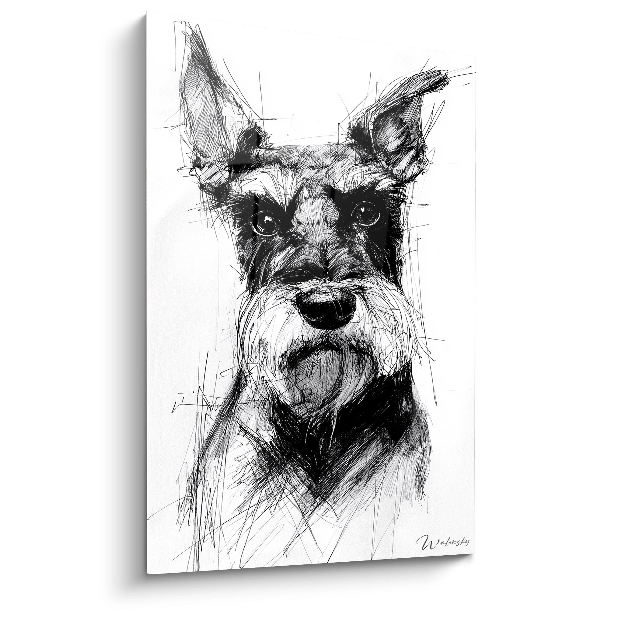 Portrait artistique esquisse Schnauzer noir et blanc traits expressifs regard intense