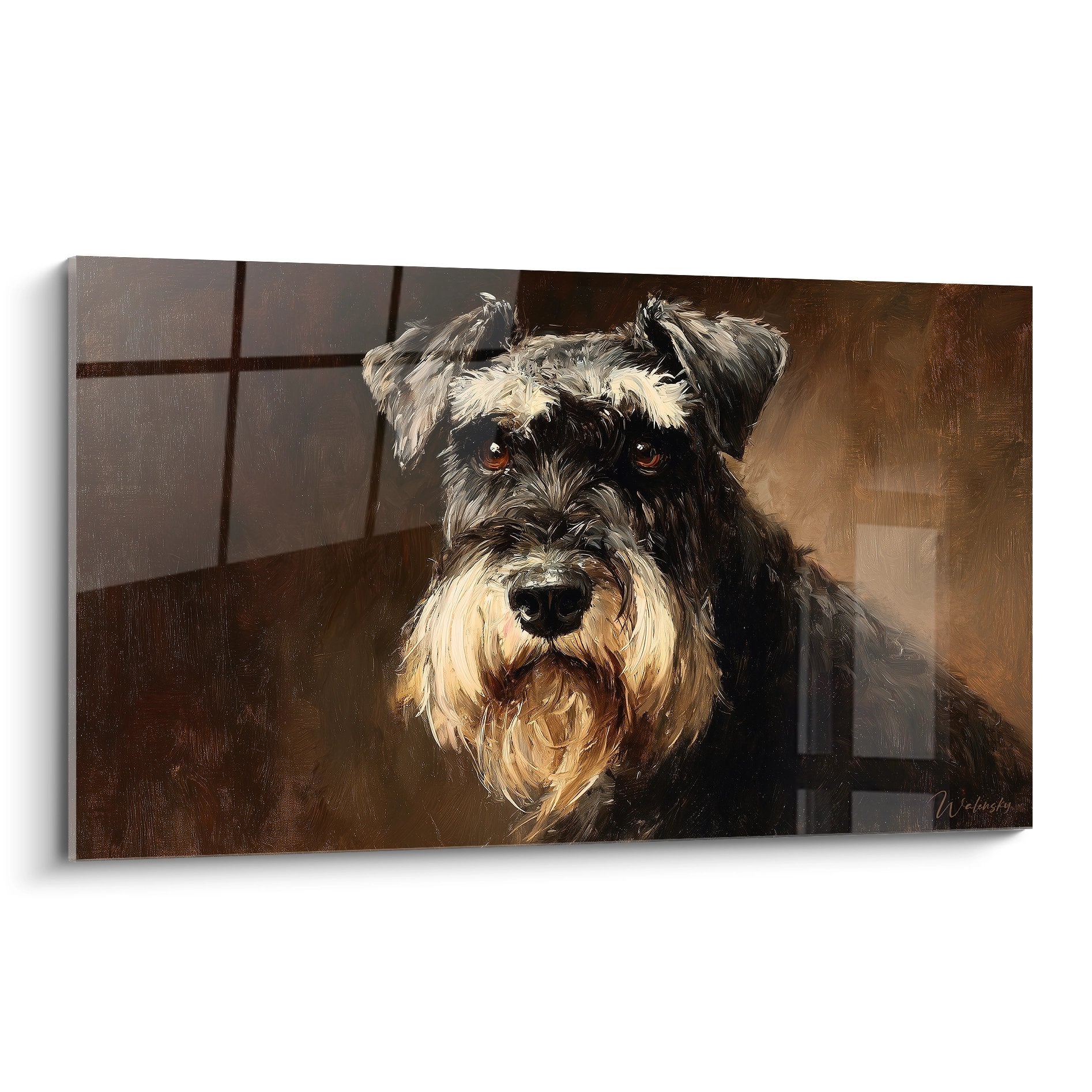 Realistisches Porträt eines Schnauzers mit kupferfarbenen Augen auf braunem Hintergrund, detailliertes Gemälde des charakteristischen Fells